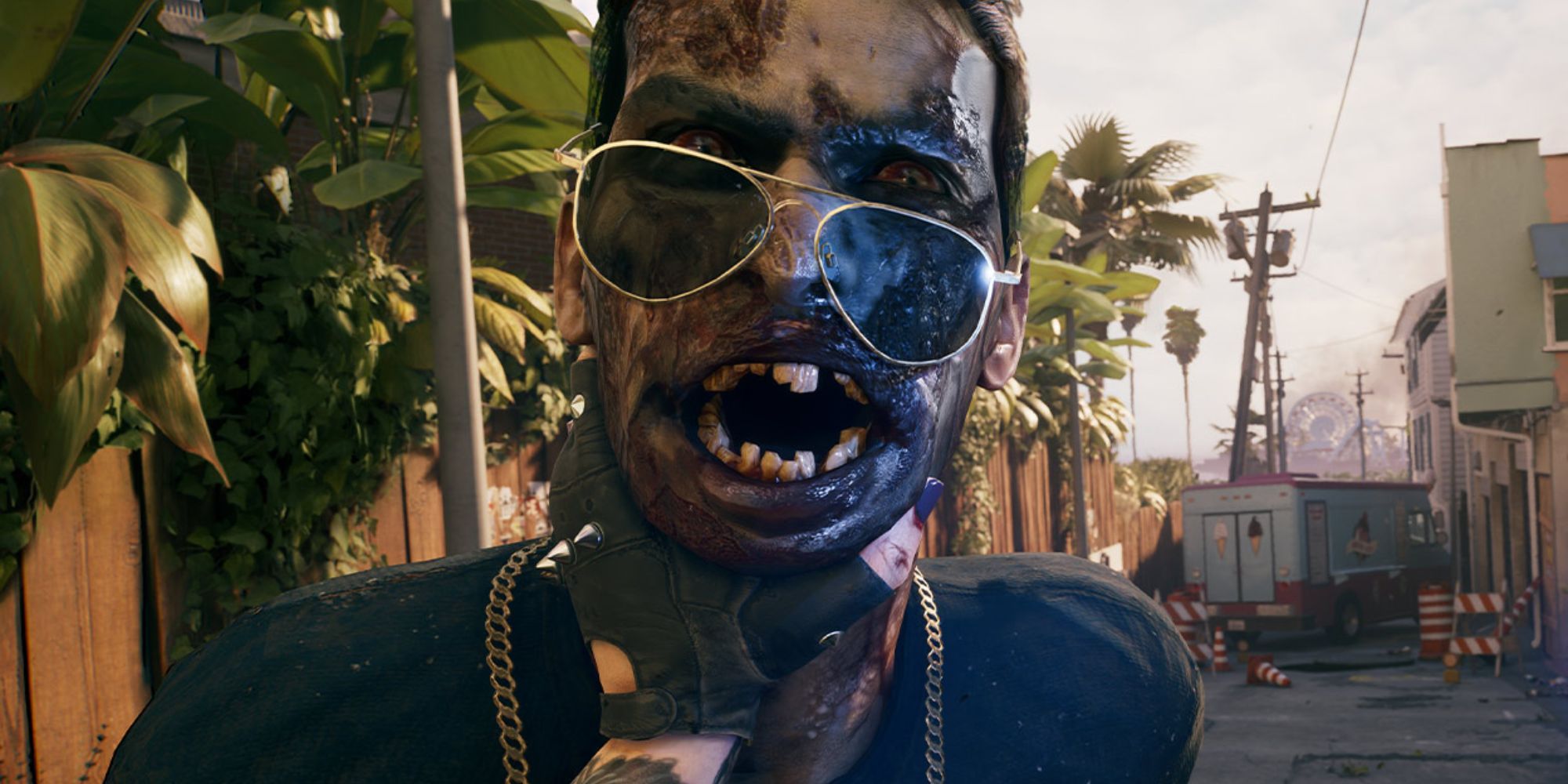 dead island 2 sunglass zombie in the palyers face being held off