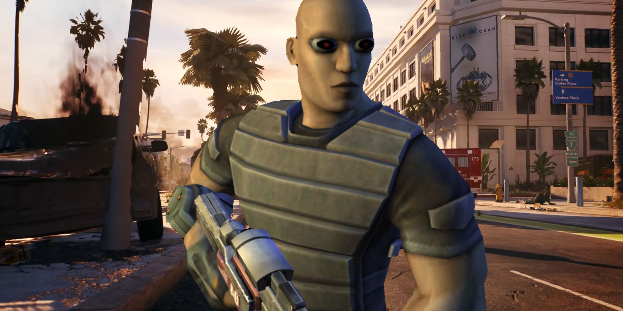 TimeSplitters character standing on a street in Dead Island 2's Los Angeles 