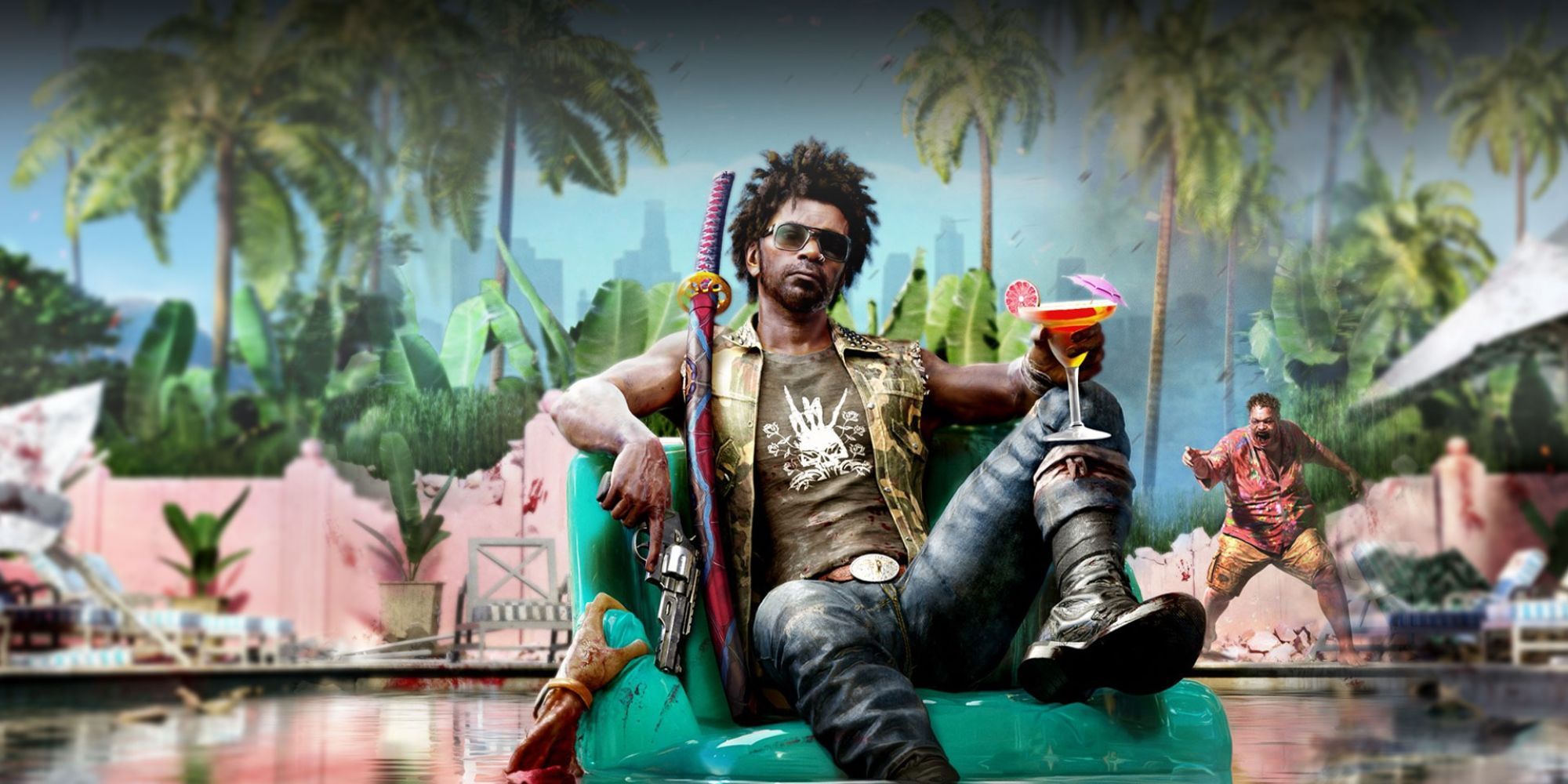 dead island 2 charcter with drink on pool floatie
