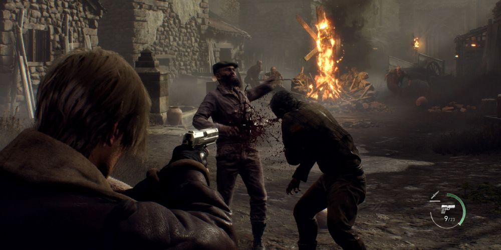 Image shows Leon shooting an enemy