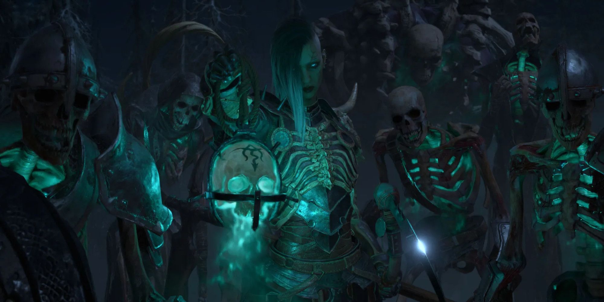 Diablo 4 necromancer with a bunch of skeletons