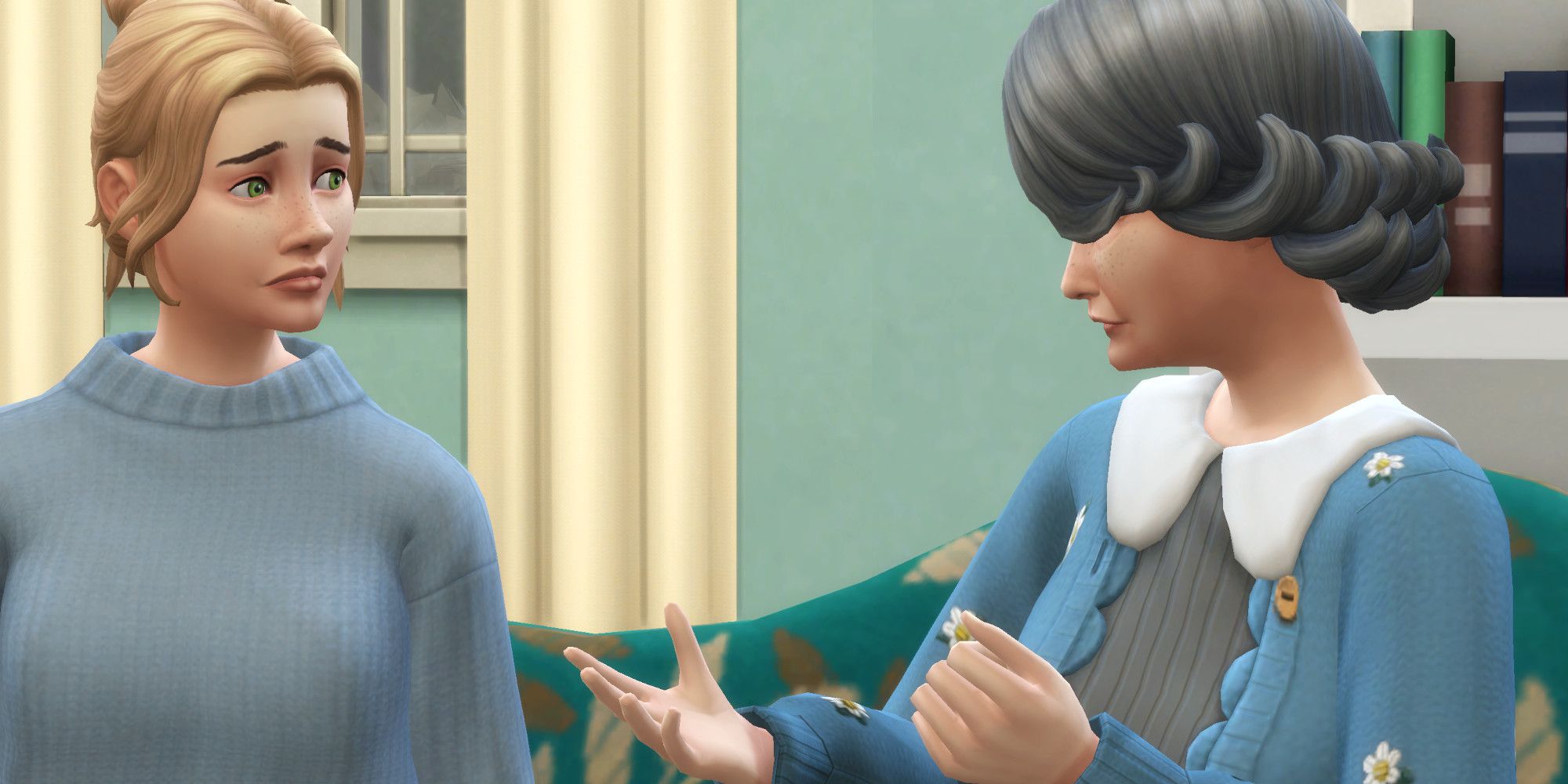 The Sim looks upset as the older Sim talks to them.