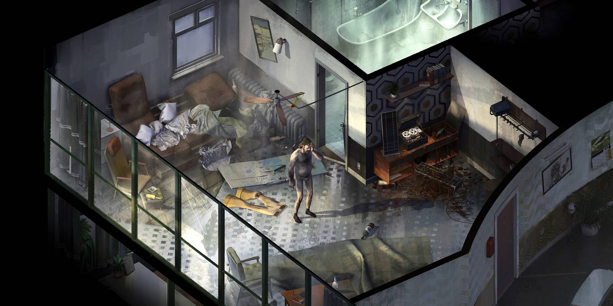 Isometric view of a dirty room with a semi-nude man holding his head in the middle
