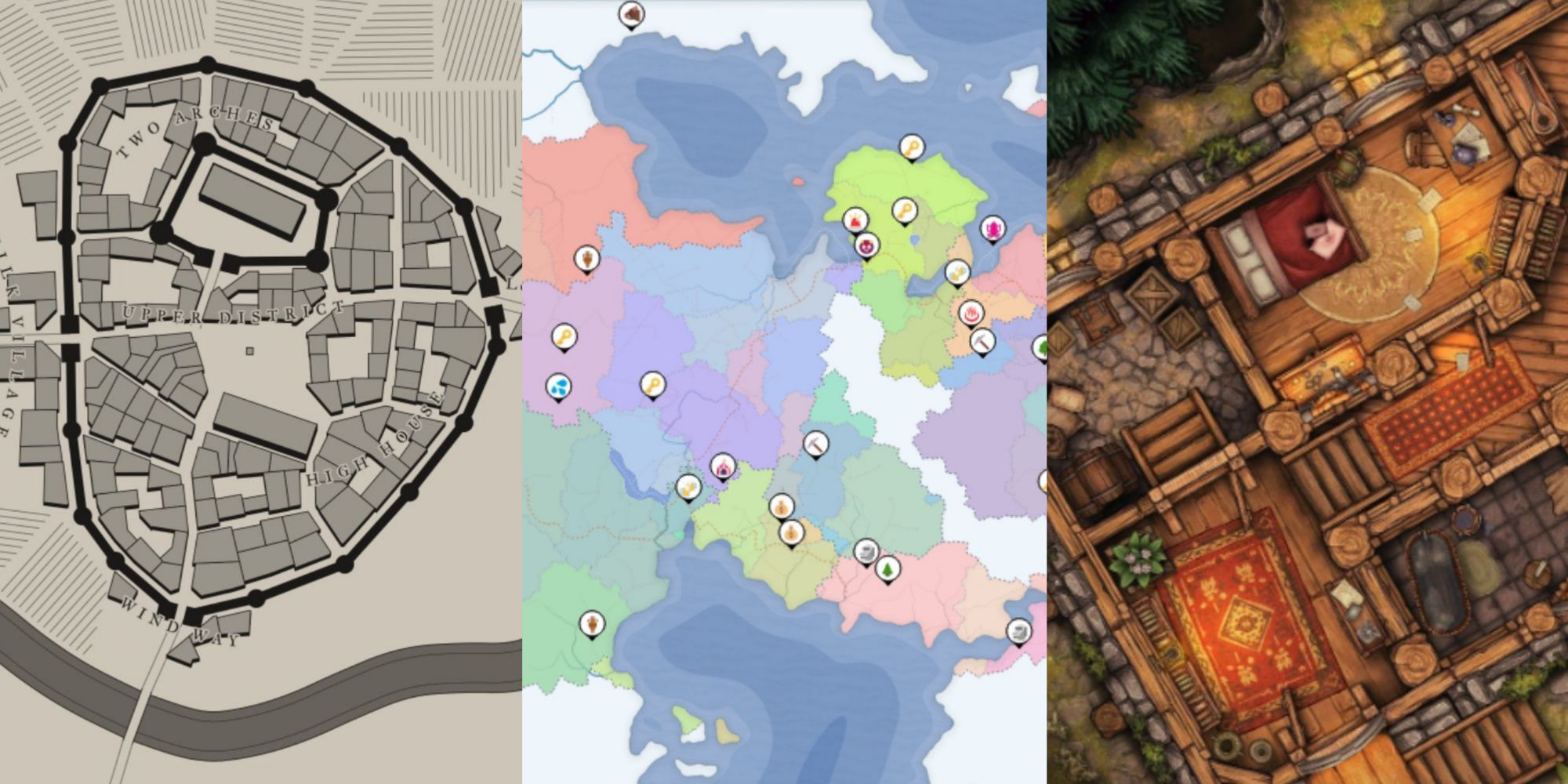 A Split image of three different styled maps for a DnD setting