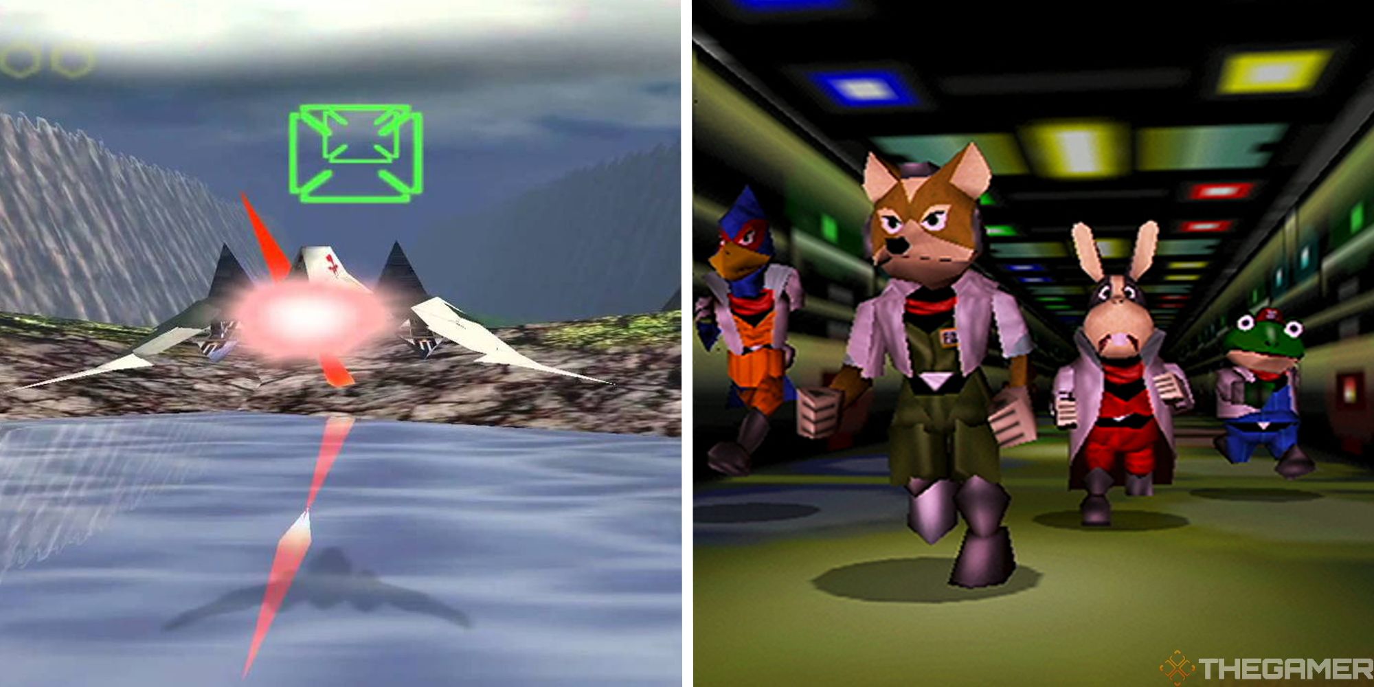 split image showing arwing next to image of characters walking forward