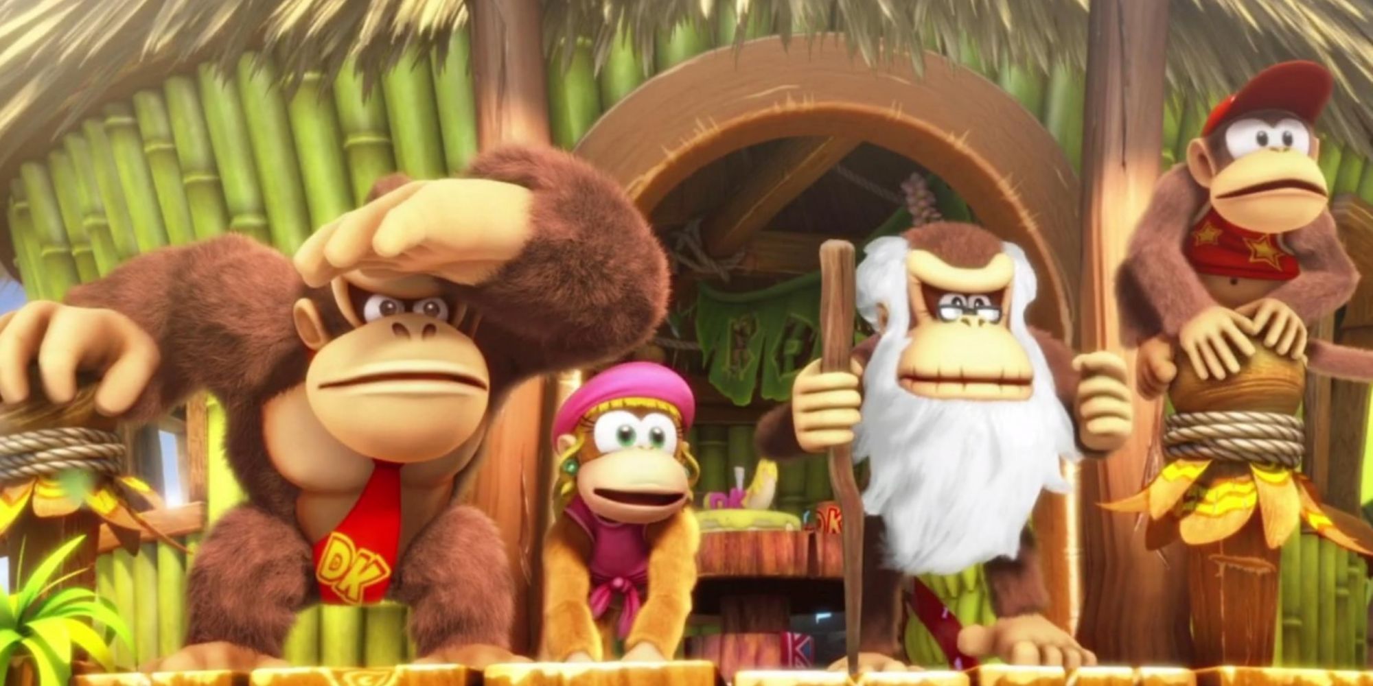 Donkey Kong, Trixie Kong, Cranky Kong, and Diddy Kong stand on DK's front porch