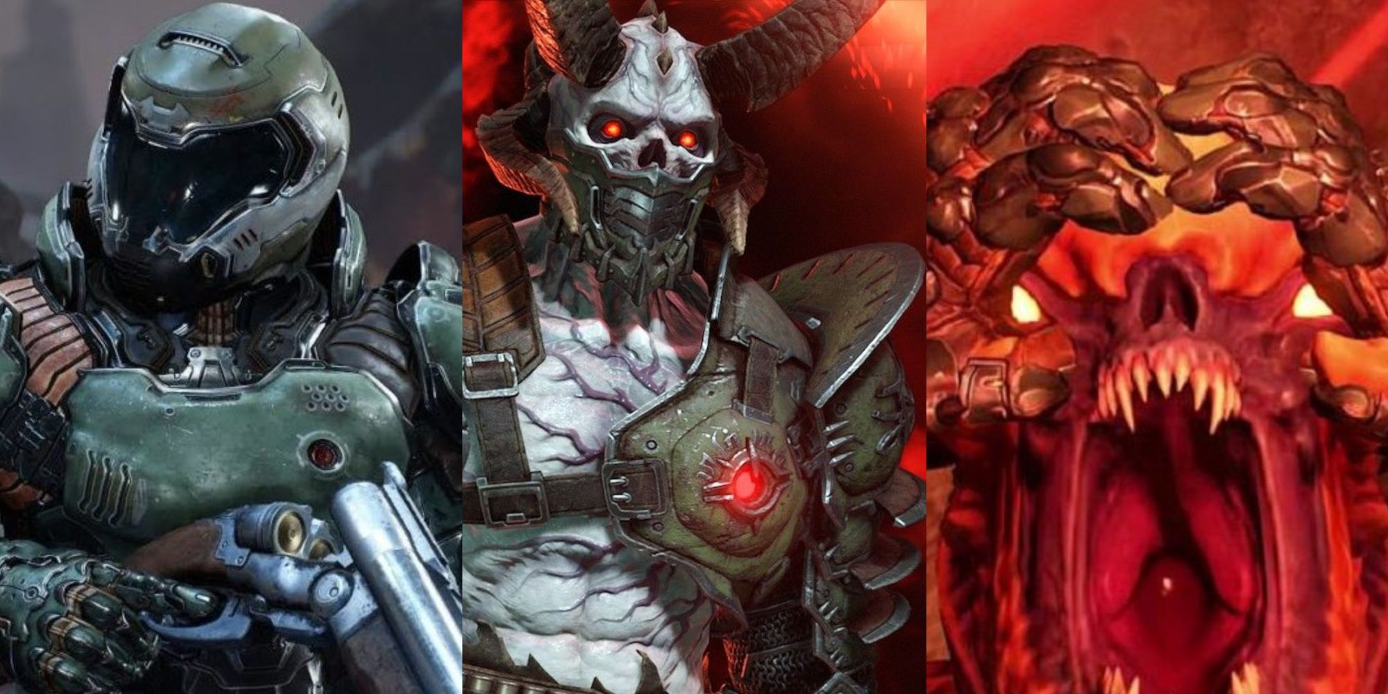 The Doom slayer, a marauder, and a demon being ripped in half