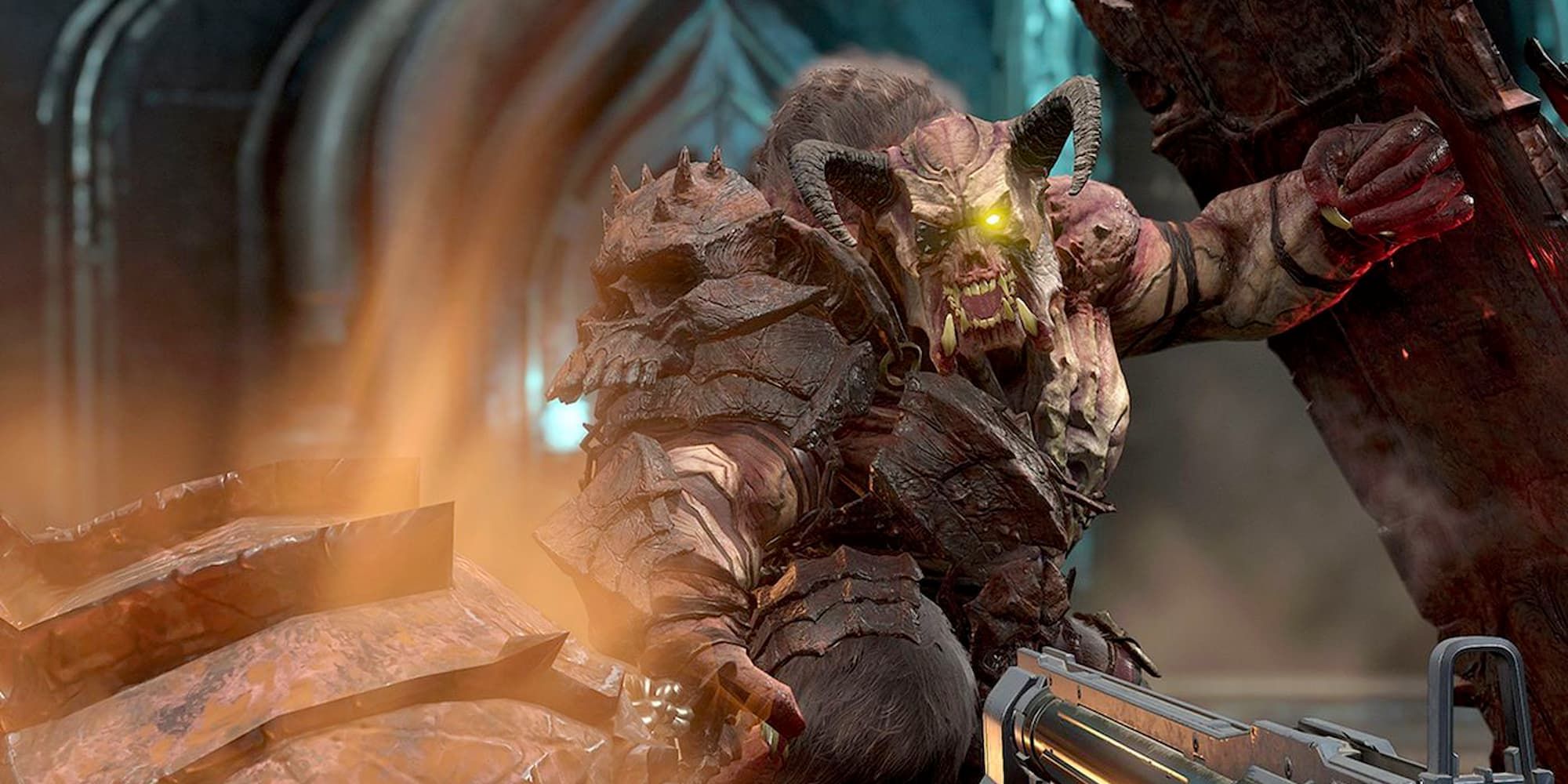 A Gladiator in Doom Eternal attacks with its shield weapons.
