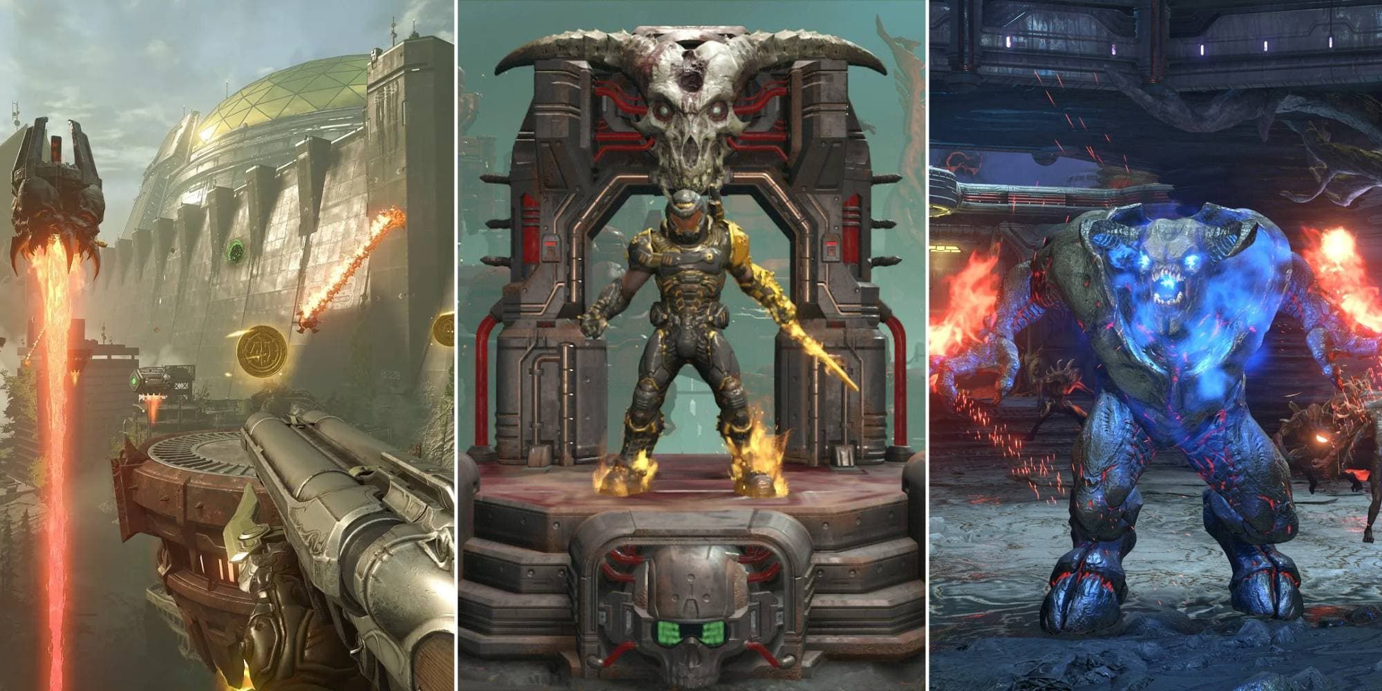 Doom Guy aims a shotgun, Doom Guy is centered on a demonic altar, and a horde of demons attack.