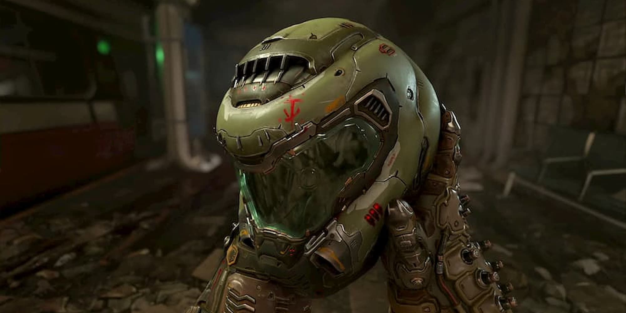 The Doom Slayer in Doom Eternal lifts up and inspects his helmet.