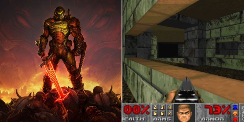 Split image of Doomslayer's first and newest appearance in Doom.
