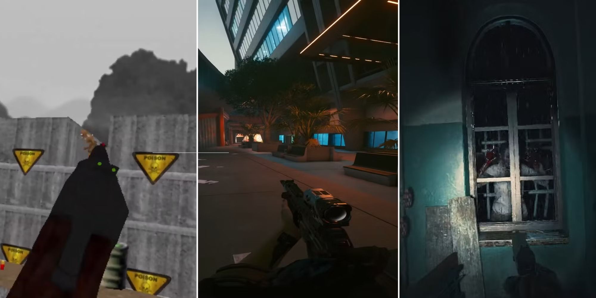 A player aims a shotgun at an enemy in Doom VR, another runs through Night City with an assault rifle in Cyberpunk 2077 VR, and one more stares down a zombie through a window in Resident Evil 2 VR.