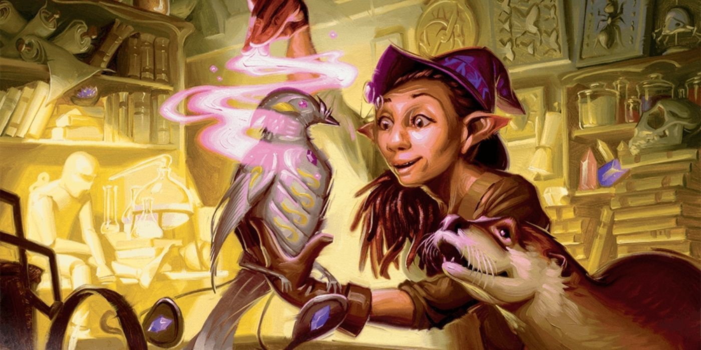 Dungeons and Dragons Rock Gnome Artificer With Otter Inventing Magical Bird