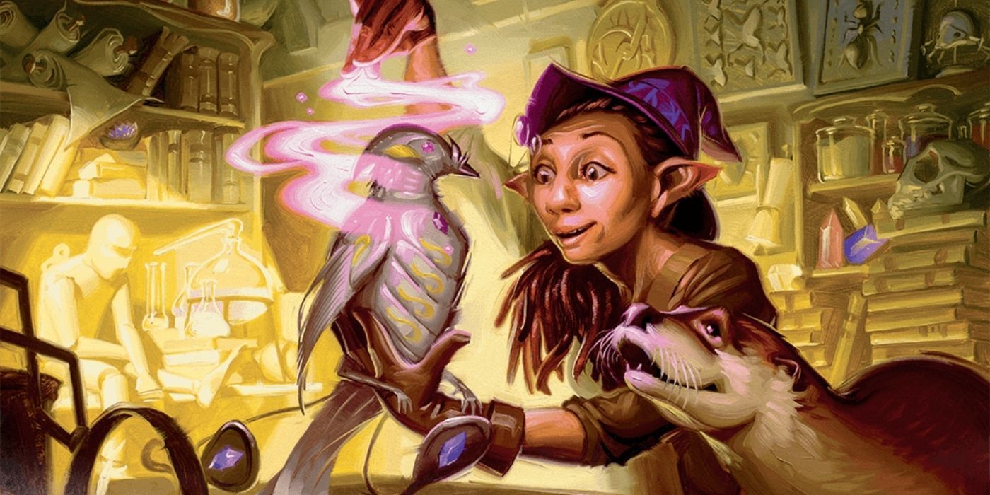 Dungeons and Dragons Rock Gnome Artificer mit Otter, der einen magischen Vogel erfindet