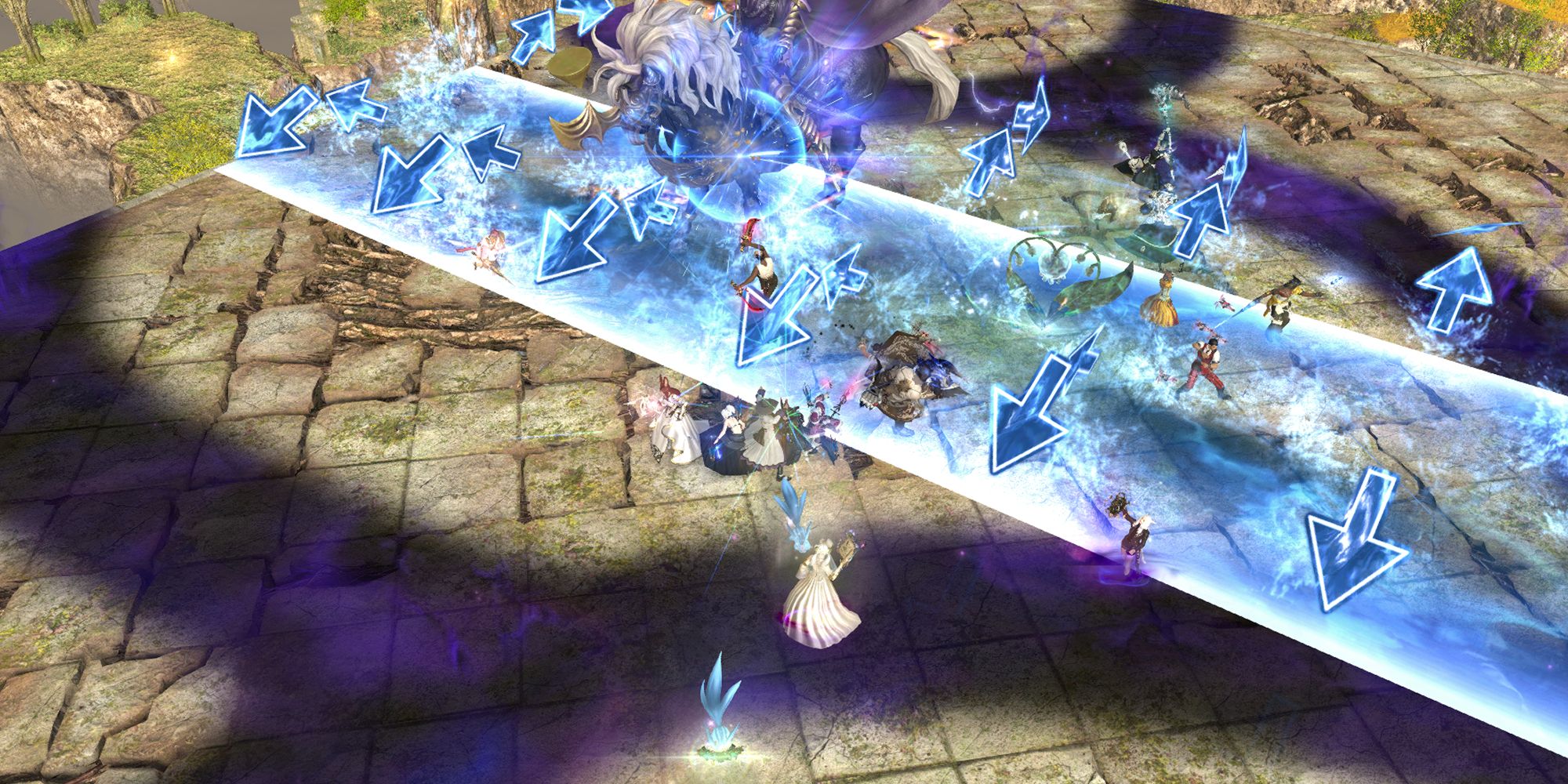 An image of the boss fight Althyk and Nymeia from Final Fantasy 14's raid, Euphrosyne. This image demonstrates Hydrorythmos, an attack which sees a wave of water sweep across the arena.