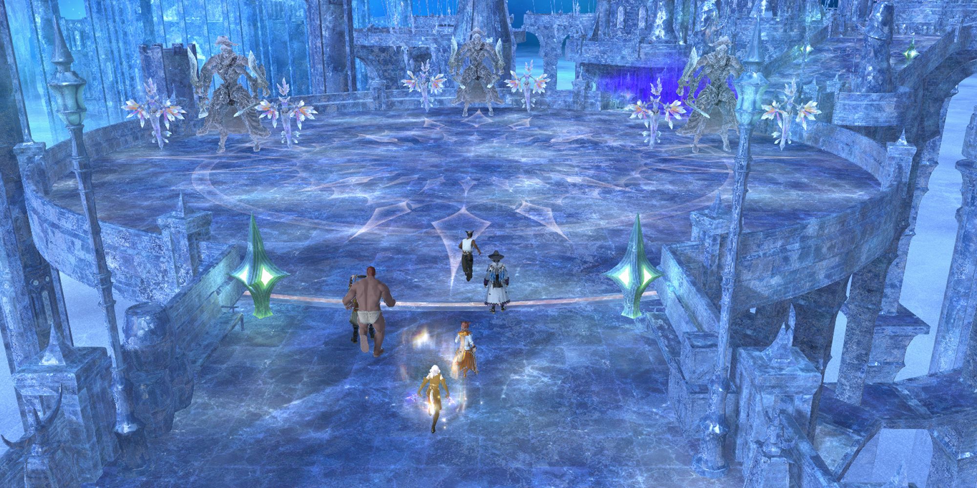 An image of raiders facing down additional monsters in Final Fantasy 14's Euphrosyne. The Heaven of Ice is an elaborate structure made out of ice, while the enemies they are facing are suits of frozen armour and icy elementals.