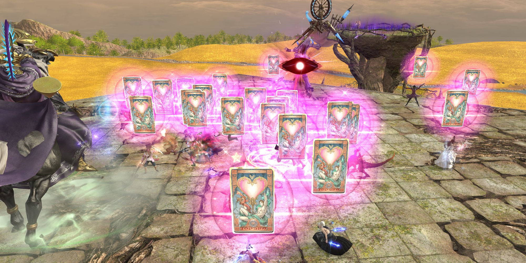 An image of the boss fight Althyk and Nymeia in Final Fantasy 14's raid, Euphrosyne, demonstrating the Spinner's Wheel mechanic. Cards hover above players' heads, while an eye atop Nymeia warns them to look away.