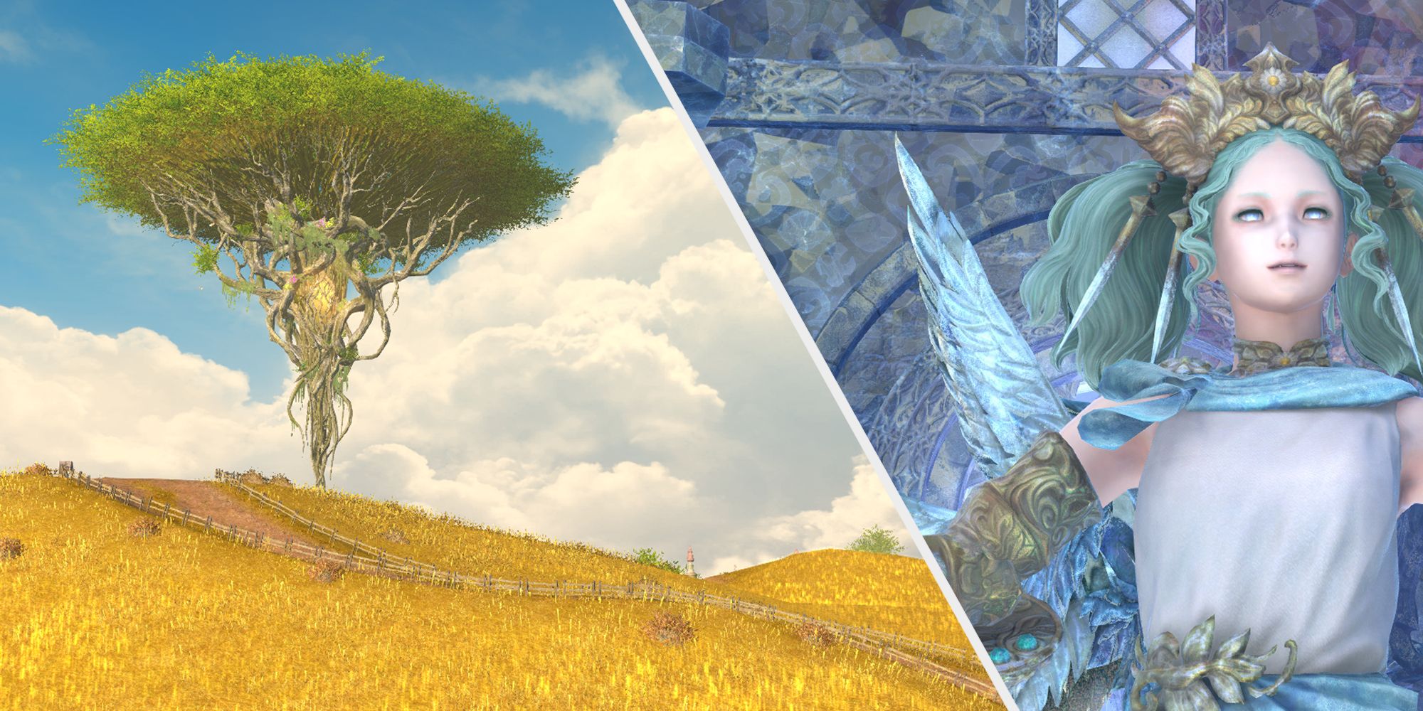 A collage image of Euphrosyne and Menphina, goddess of love in Final Fantasy 14.