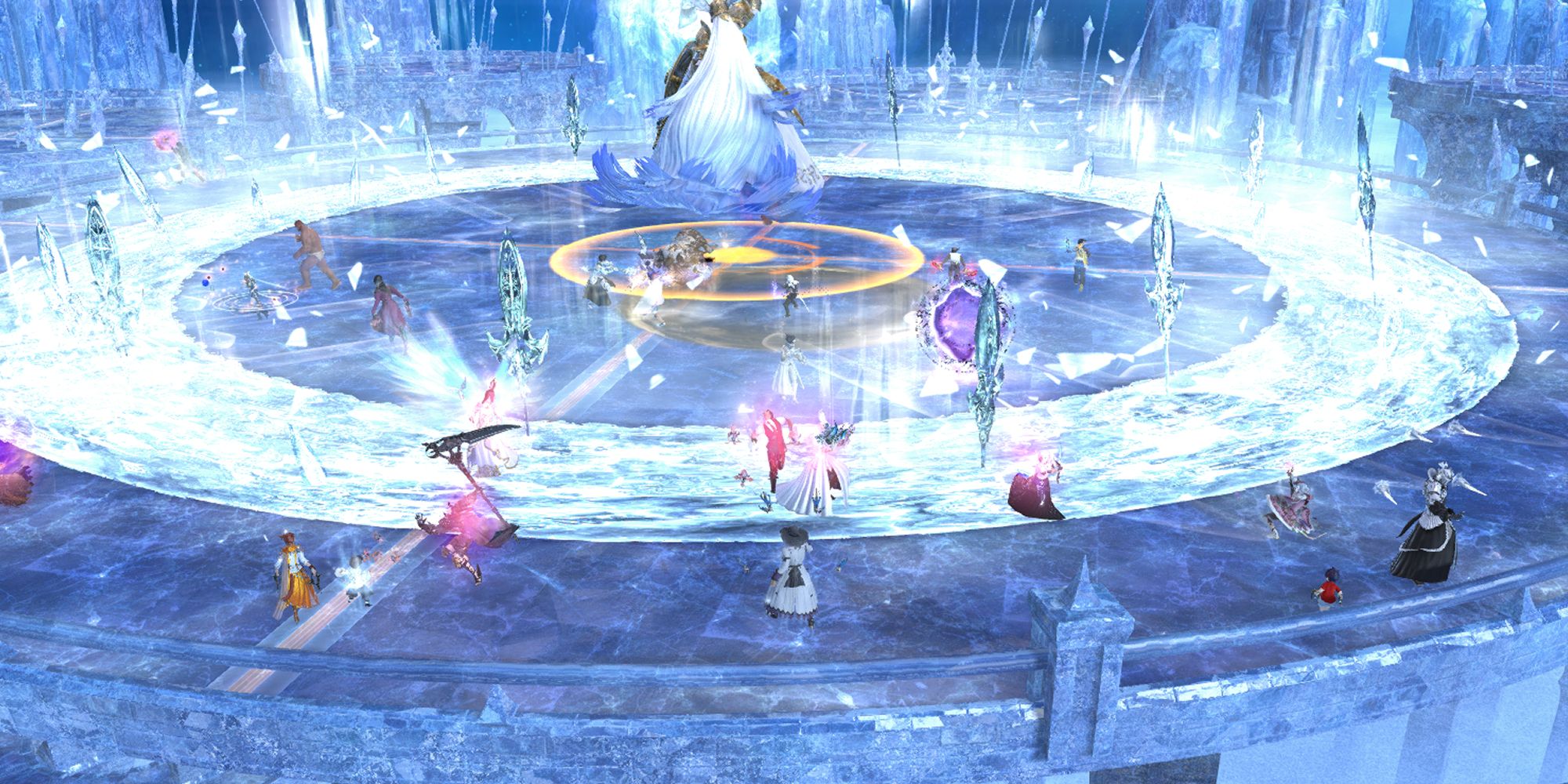 An image depicting Halone, a boss from Final Fantasy 14's raid Euphrosyne, using Wrath of Alone. Halone is summoning an icy blast while a frozen ring closes in on her position.