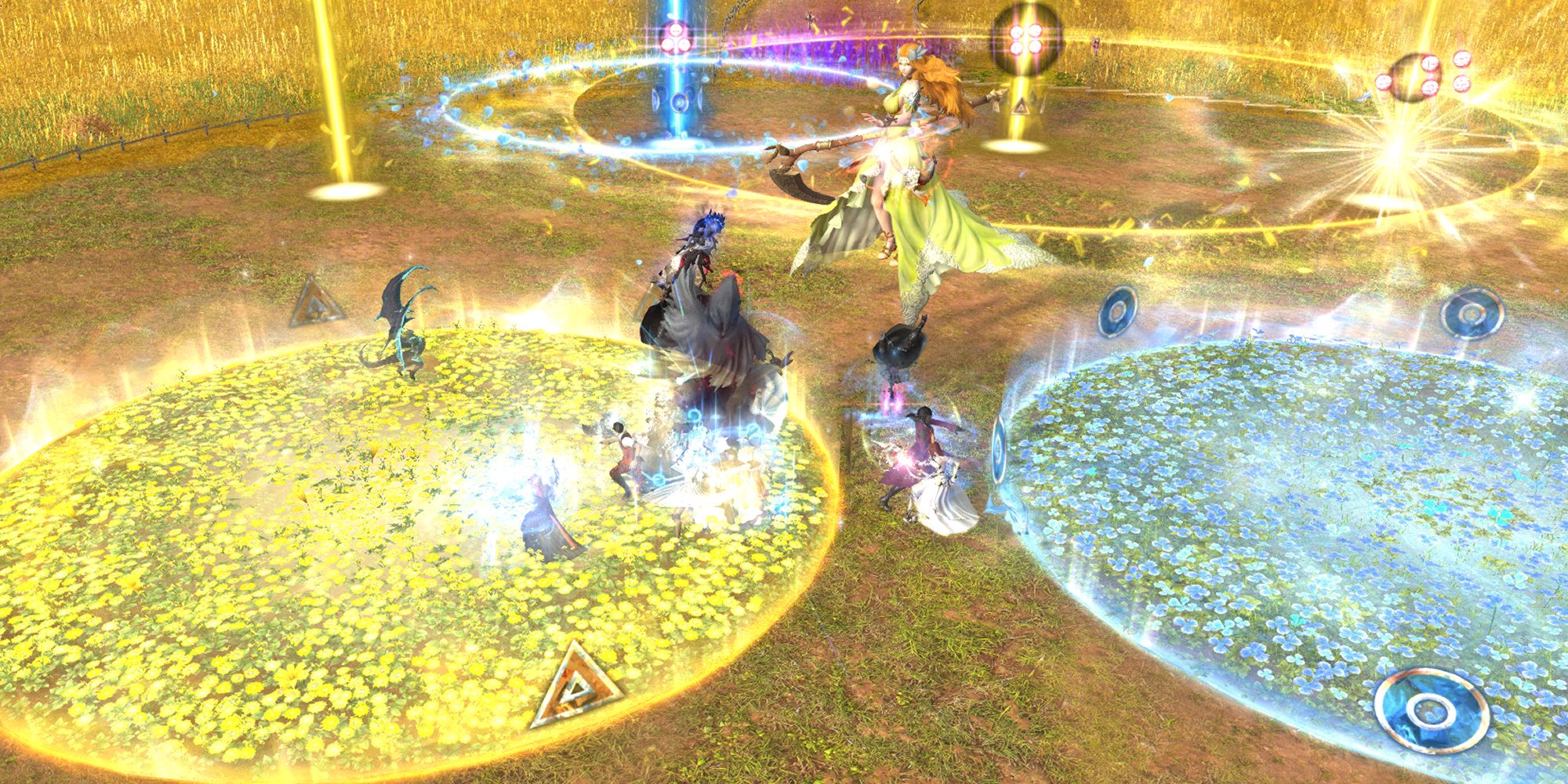 An image of Nophica from Final Fantasy 14, demonstrating her attack, Matron's breath. There are two fields; one blue, one yellow, with beams matching their colours.