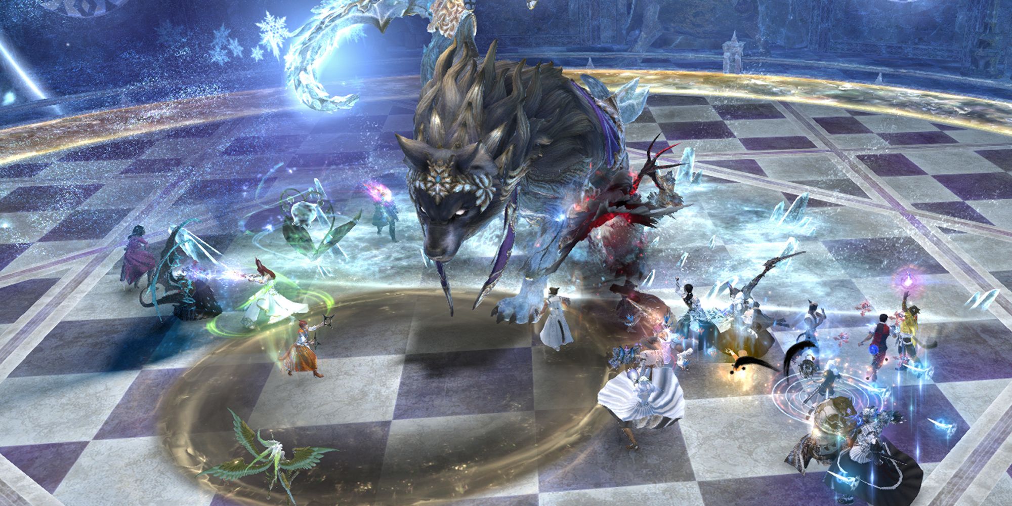 An image of Menphina from Final Fantasy 14's Euphrosyne raid, performing a combo attack with her loyal hound, Dalamud. Dalamud is holding a sickle in one paw, telegraphing which half of the arena he is about to strike. 
