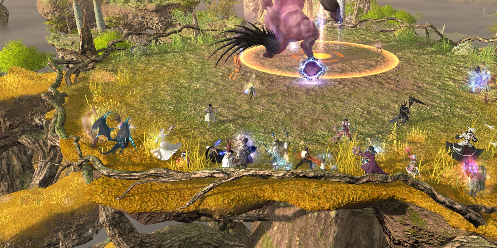 An image depicting a Behemoth from Final Fantasy 14's Raid, Euphrosyne, summoning a meteor on a raid attacking it.
