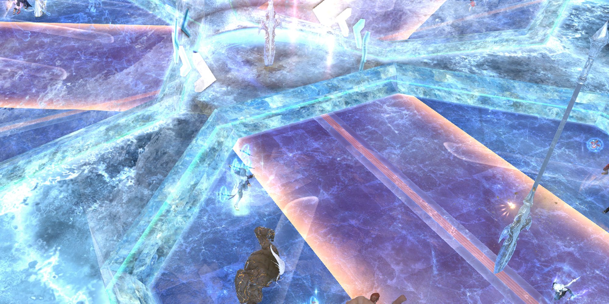 An image of the Glacial Spears mechanic in Final Fantasy 14's Euphrosyne raid. In the middle of the chaos, a spear prepares to fire rotating beams. It is indicated by rotating arrows which way it will turn.
