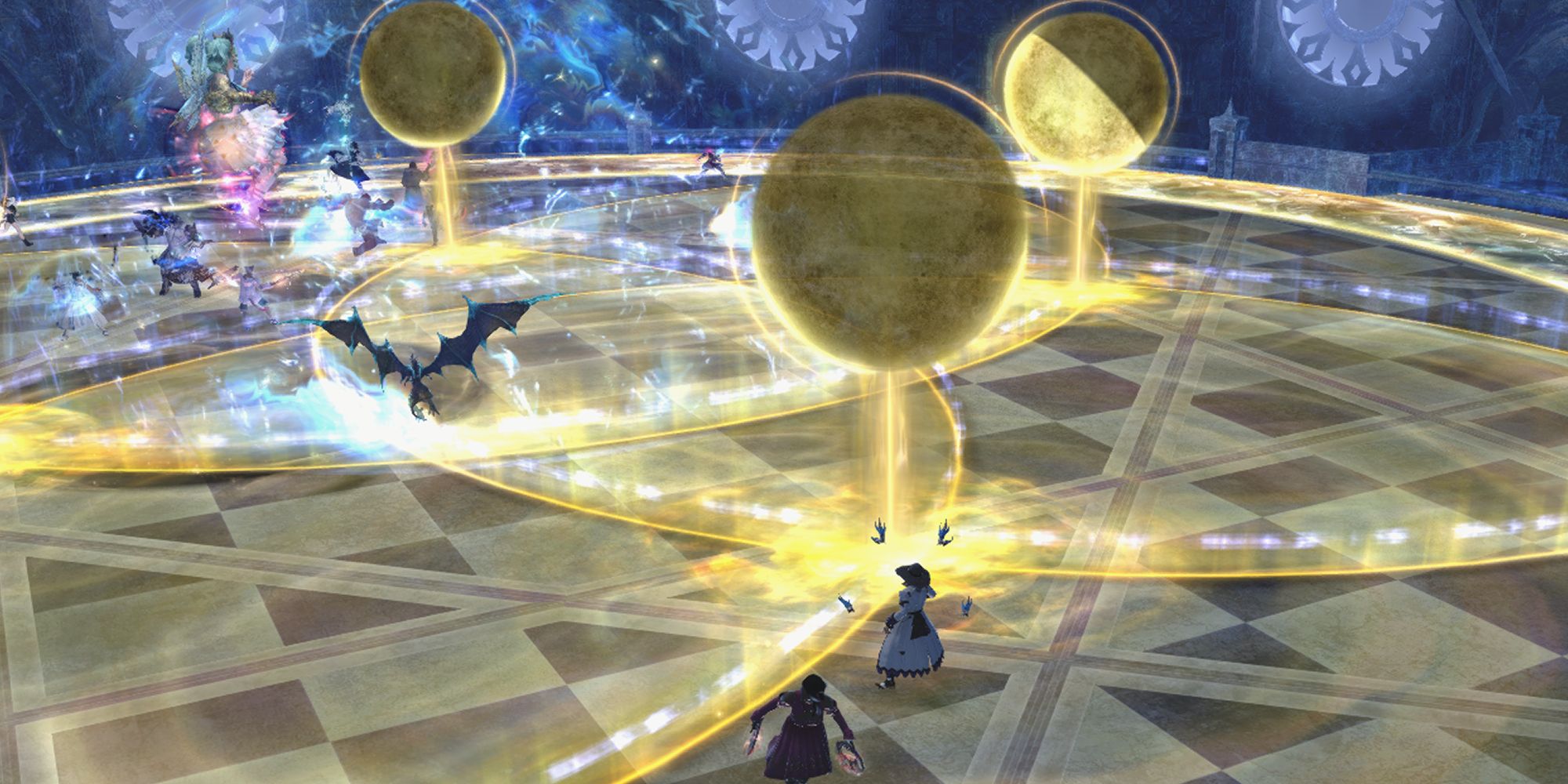 An image of the Menphina fight from Final Fantasy 14's Euphrosyne raid, demonstrating her alternate use of Love's Light. Moon symbols appear over danger zones on the floor, one of which is waxing while the other moons are new. The waxing moons will explode first, so the player is positioned in a new moon zone.