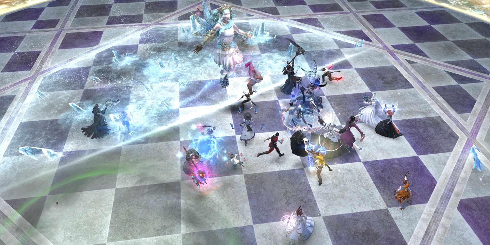 An image of Menphina from Final Fantasy 14's Euphrosyne raid, using the ability Midnight Frost, summoning deadly ice at her heels.
