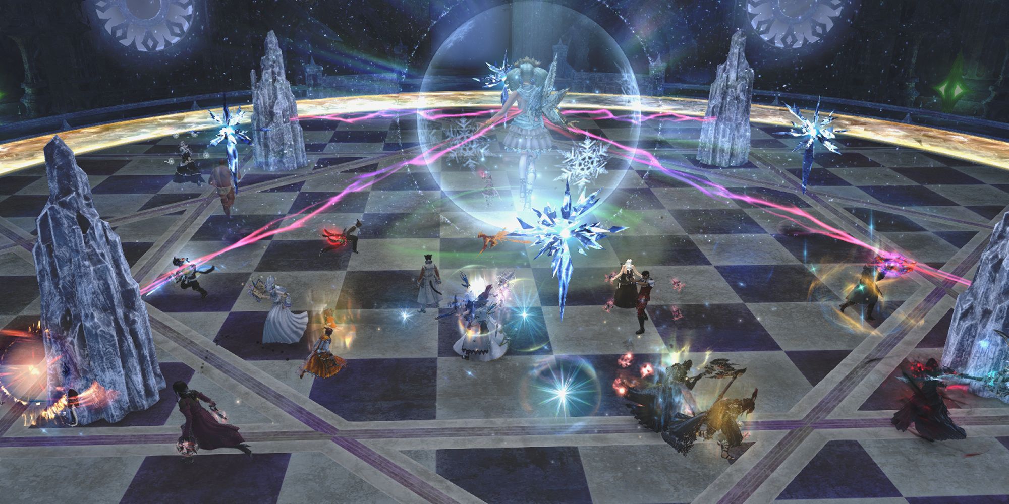 An image of Menphina from the Final Fantasy 14 raid Euphrosyne, using Selenian Mysteria. Menphina is in the centre of the arena, and she has summoned pillars and sprites to attack the raid. These icy pillars need to be destroyed to break the shield surrounding her.