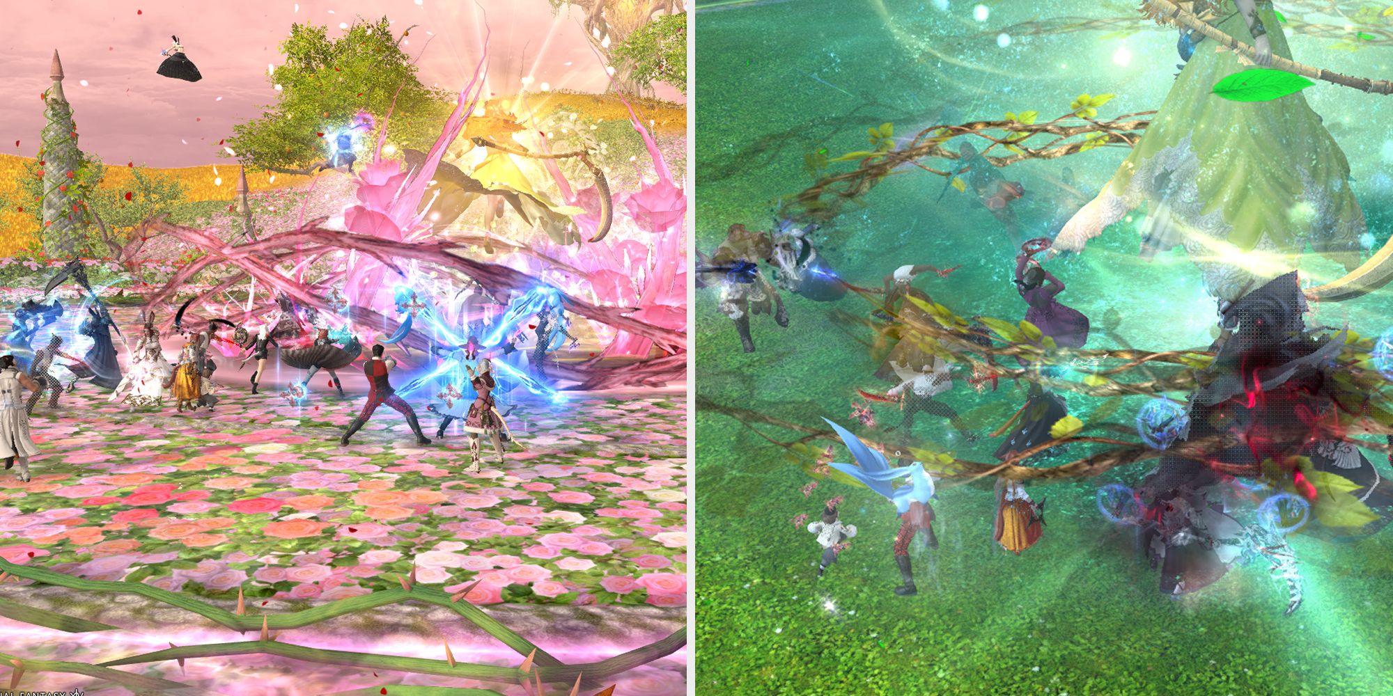 An image depicting Nophica from the Final Fantasy 14 raid, Euphrosyne, and two of her attacks. One is a powerful wreathe of petals, the other a circle of brambles.