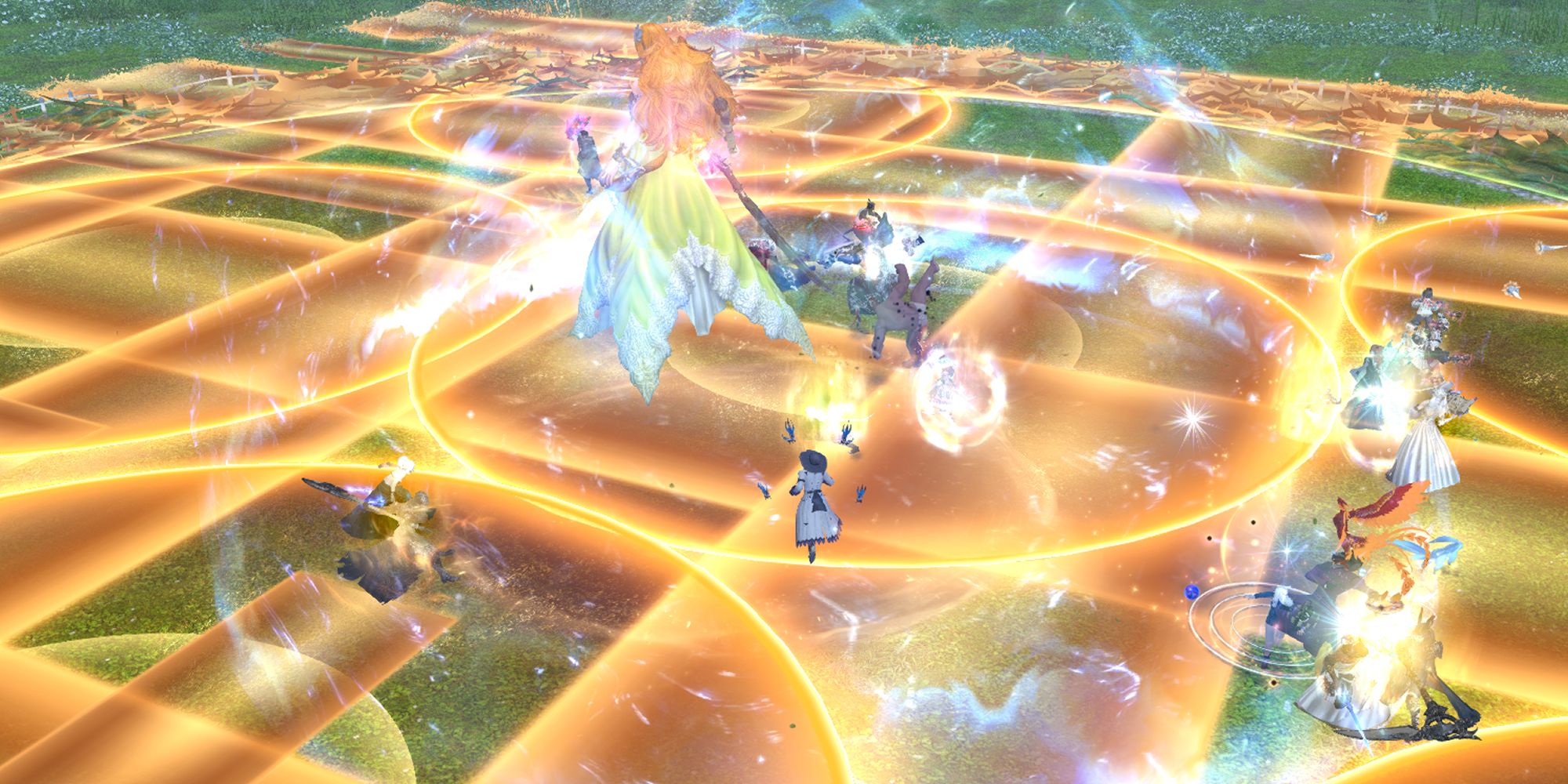 An image of the Euphrosyne Raid from FInal Fantasy 14, demonstrating Nophica's attack, Landwalker. Large danger zones cross the battlefield, interspersed with wide circle areas.