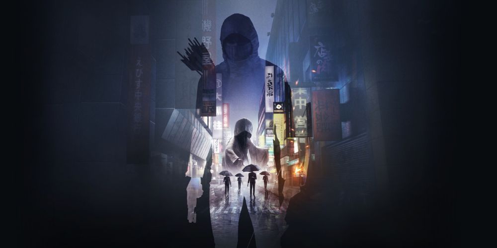 cover art for Ghostwire Tokyo showing figures in the rain-filled streets of Tokyo