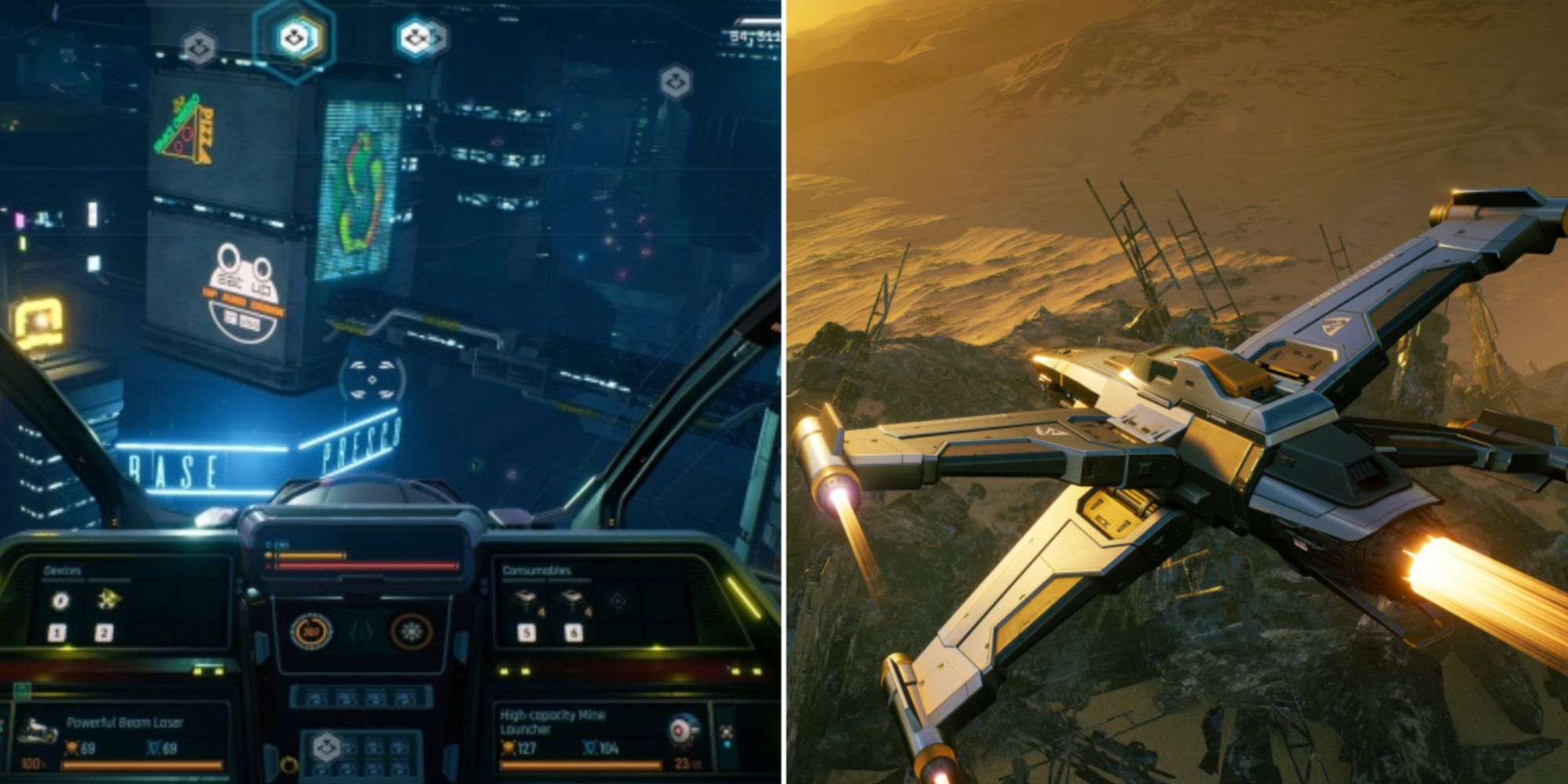 Collage Image of a spaceship cabin and another spaceship flying Everspace 2