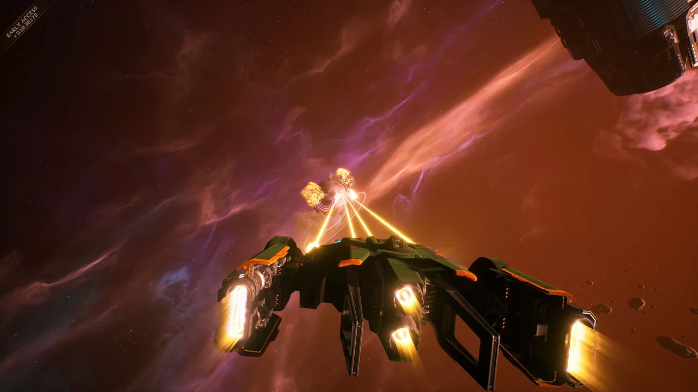 Gunship shooting lasers in the middle of a battle In Everspace 2.