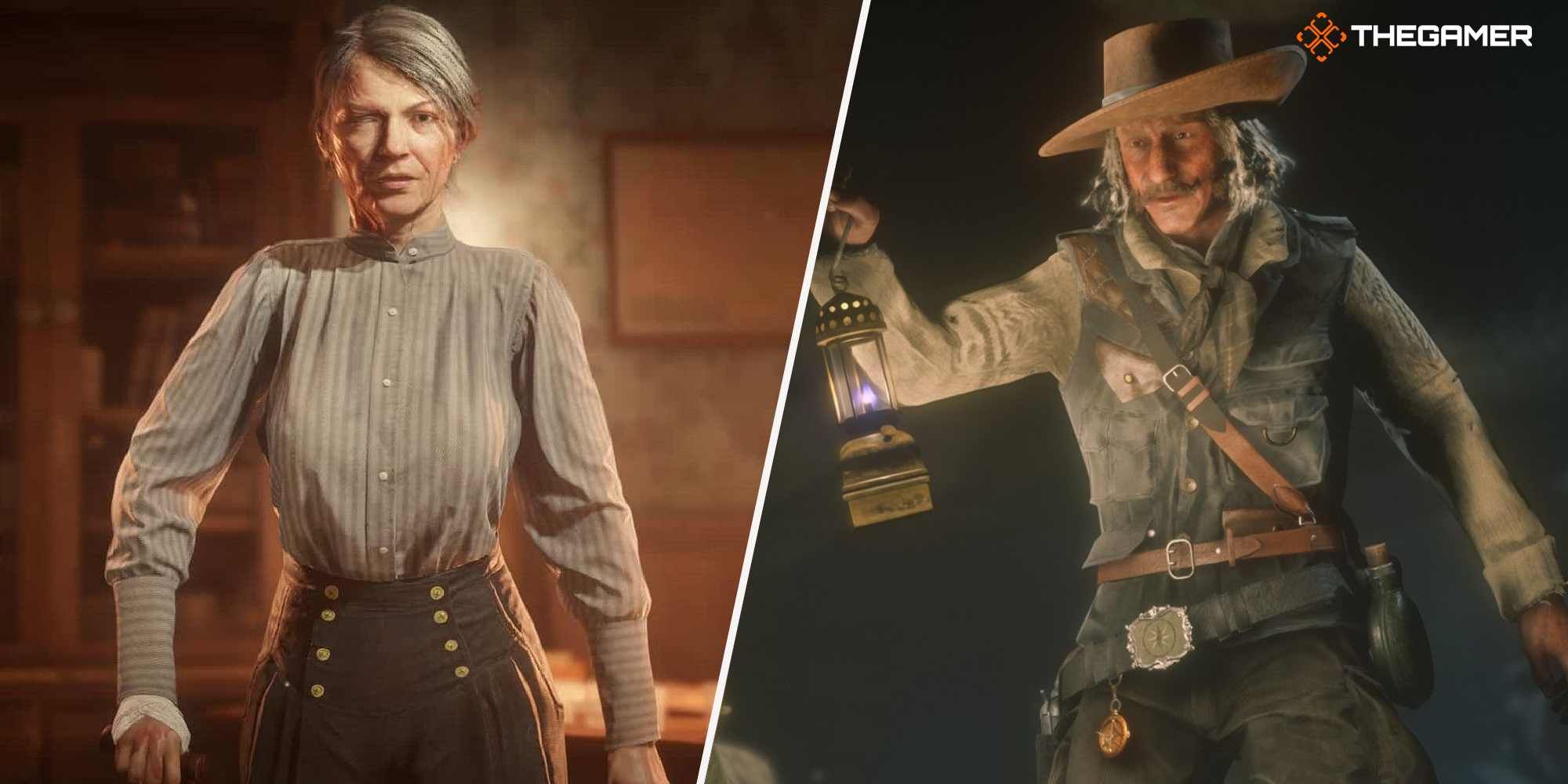 Red Dead Online split image with Moonshiner Maggie Fike on left and Collector on right