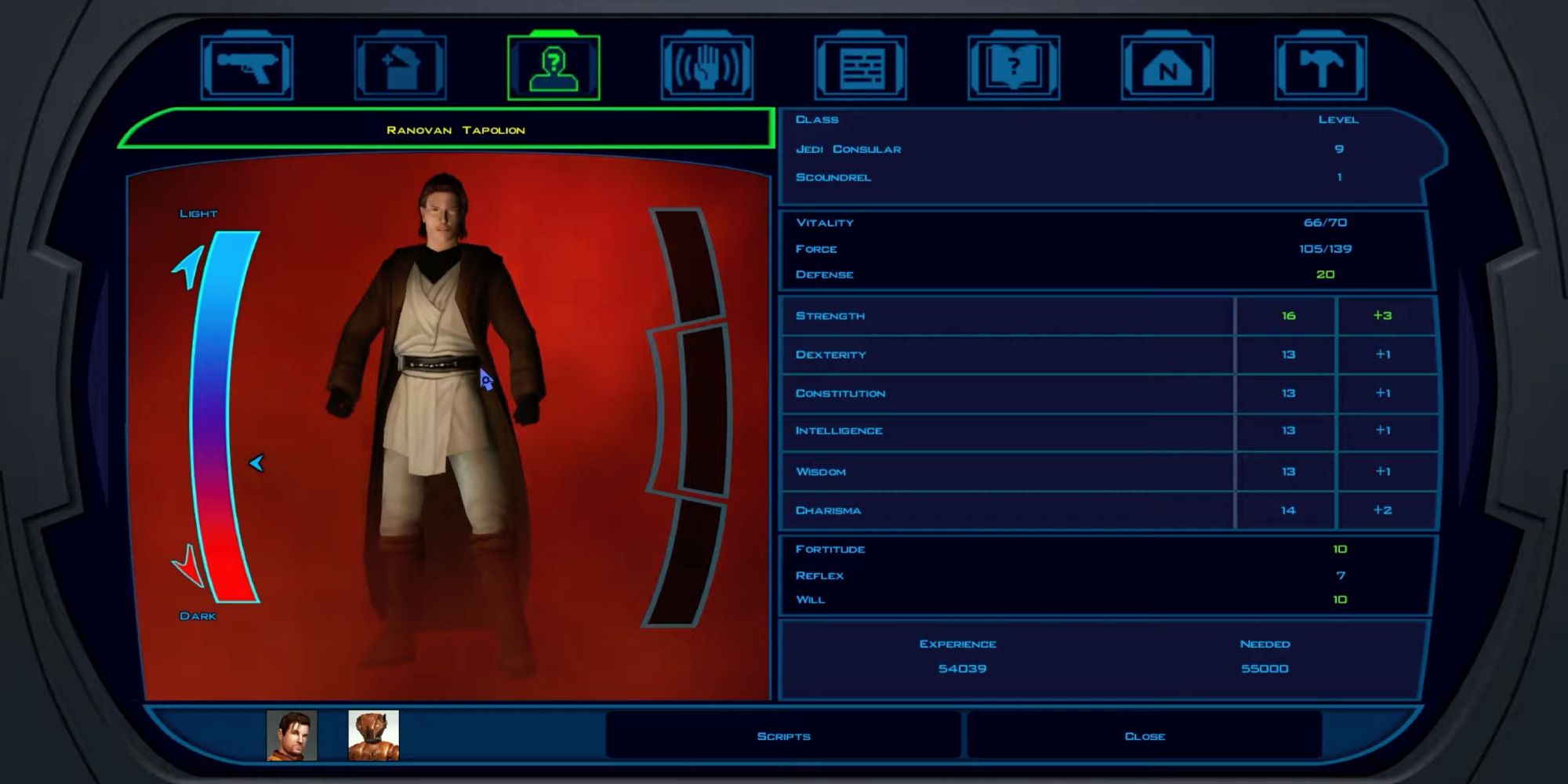 Examining your character overview in Star Wars Knights of the Old Republic