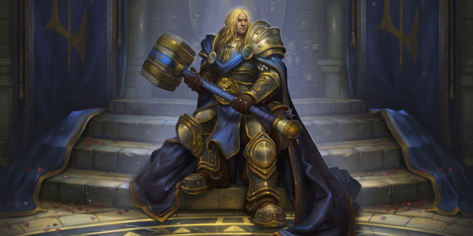 The Paladin Arthas Menethil holding a large hammer and standing on steps