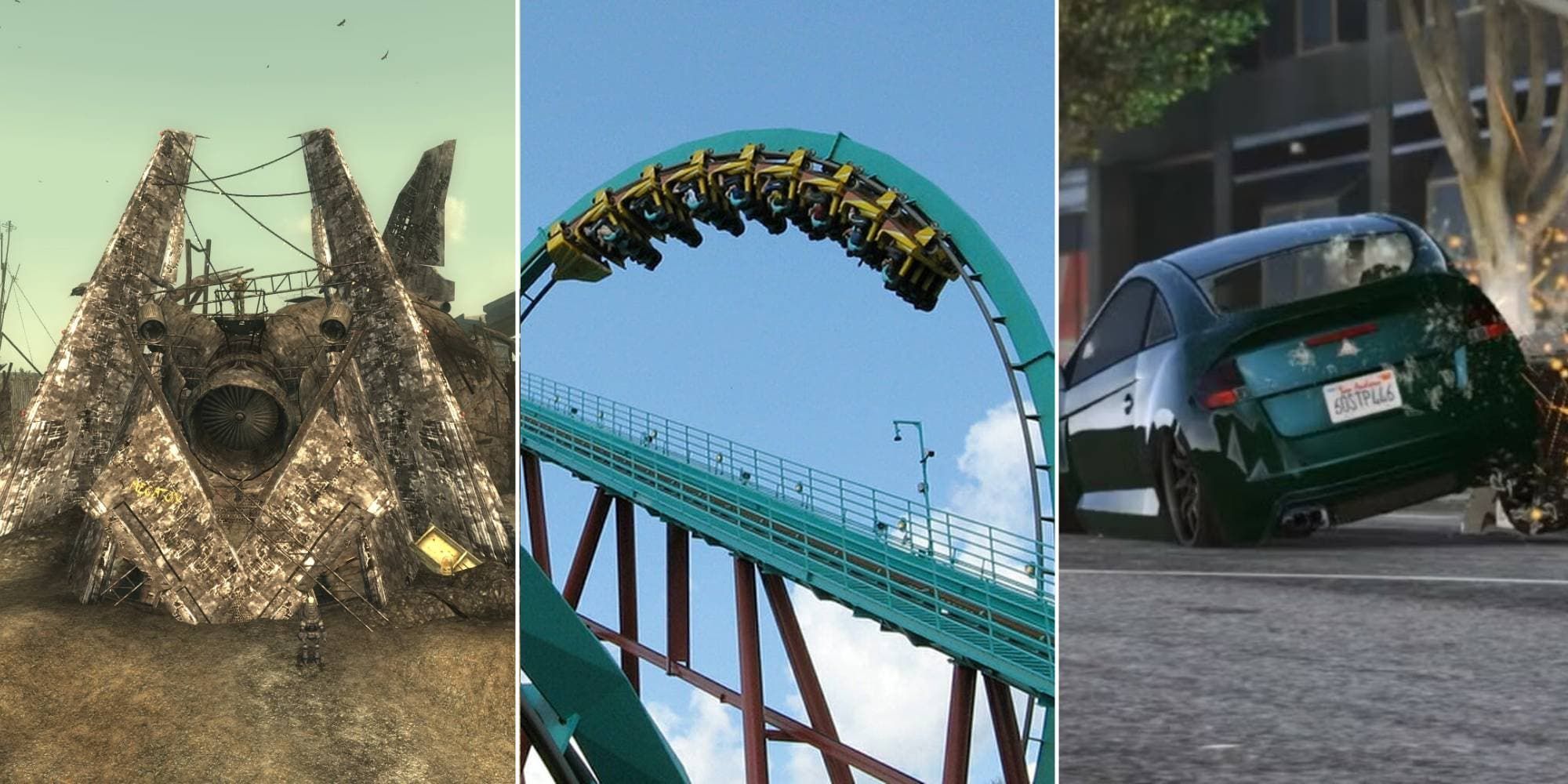 The settlement of Megaton in Fallout 3, a coaster going through a loop in RollerCoaster Tycoon, and a car being crashed into in GTA 5.
