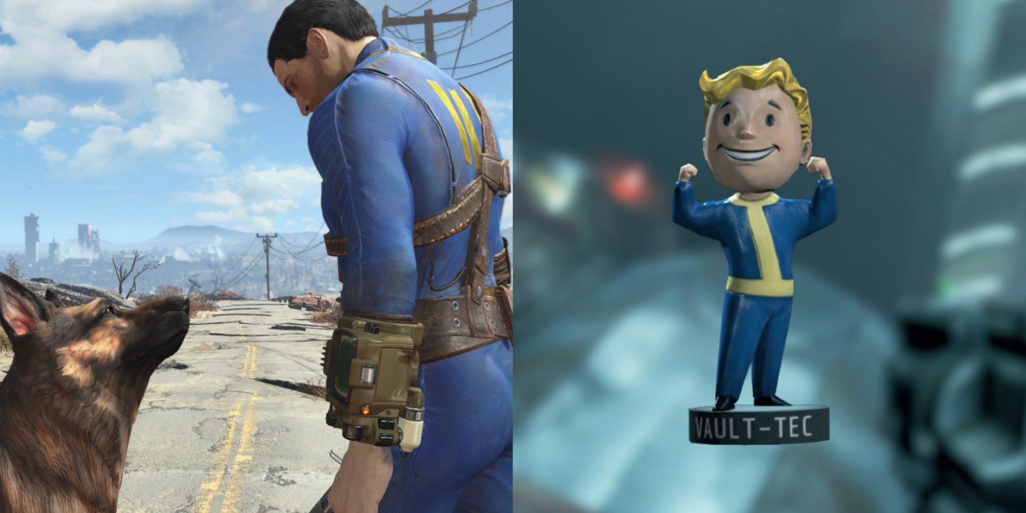 Fallout 4 Bobblehead Guide Featured Split Image Of Protagonist and dog next to Bobblehead