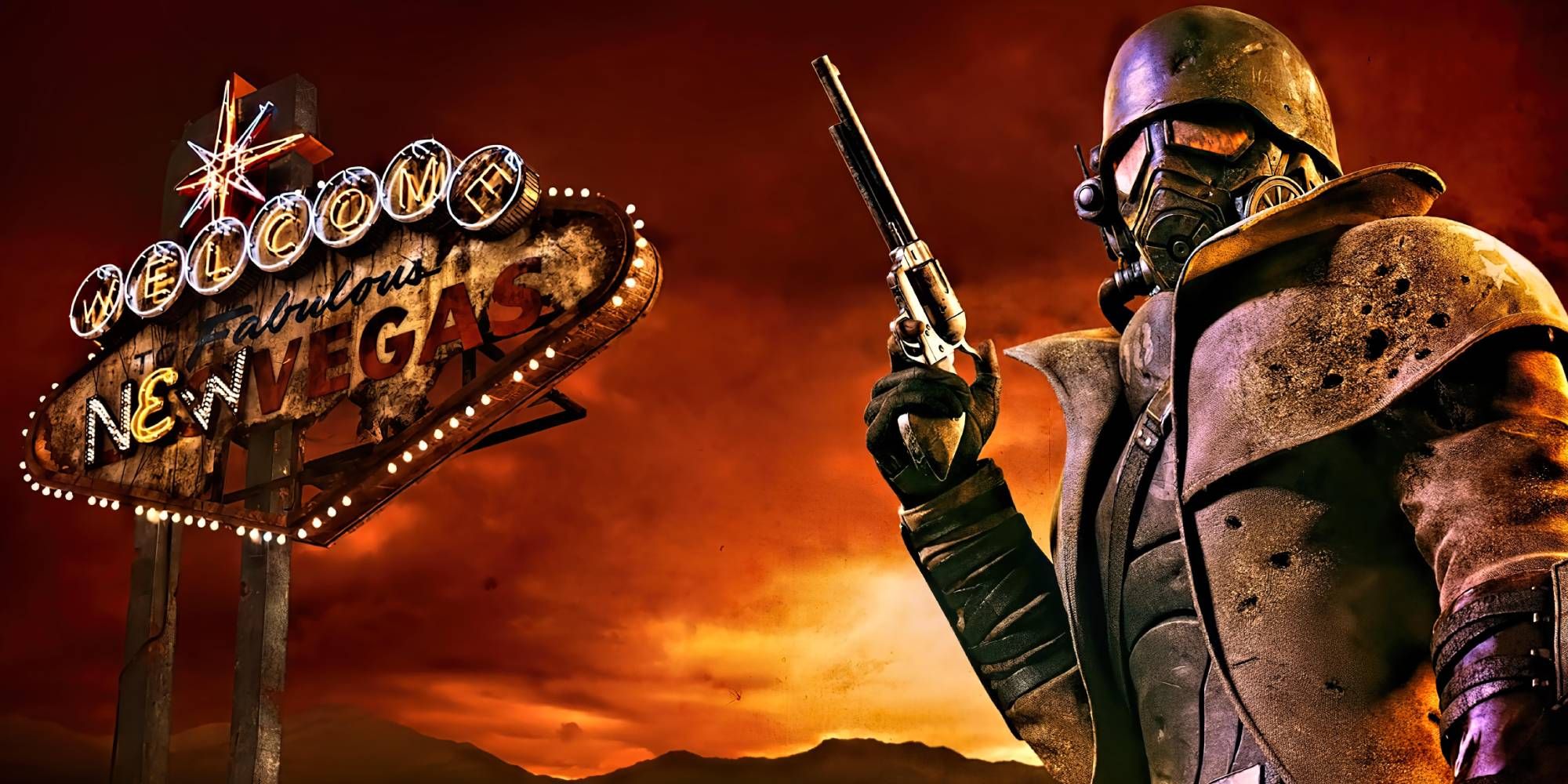 A masked figure stands near a New Vegas sign whilst holding a revolver