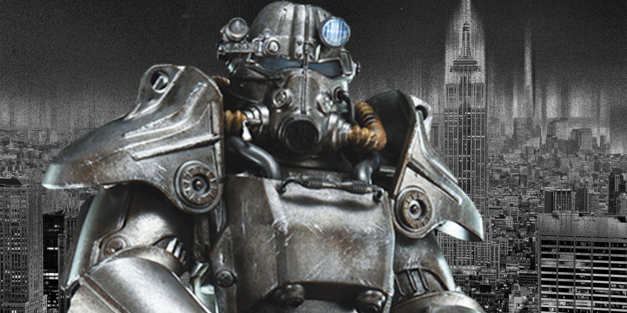 Fallout character in power armour standing over a black and white New York City