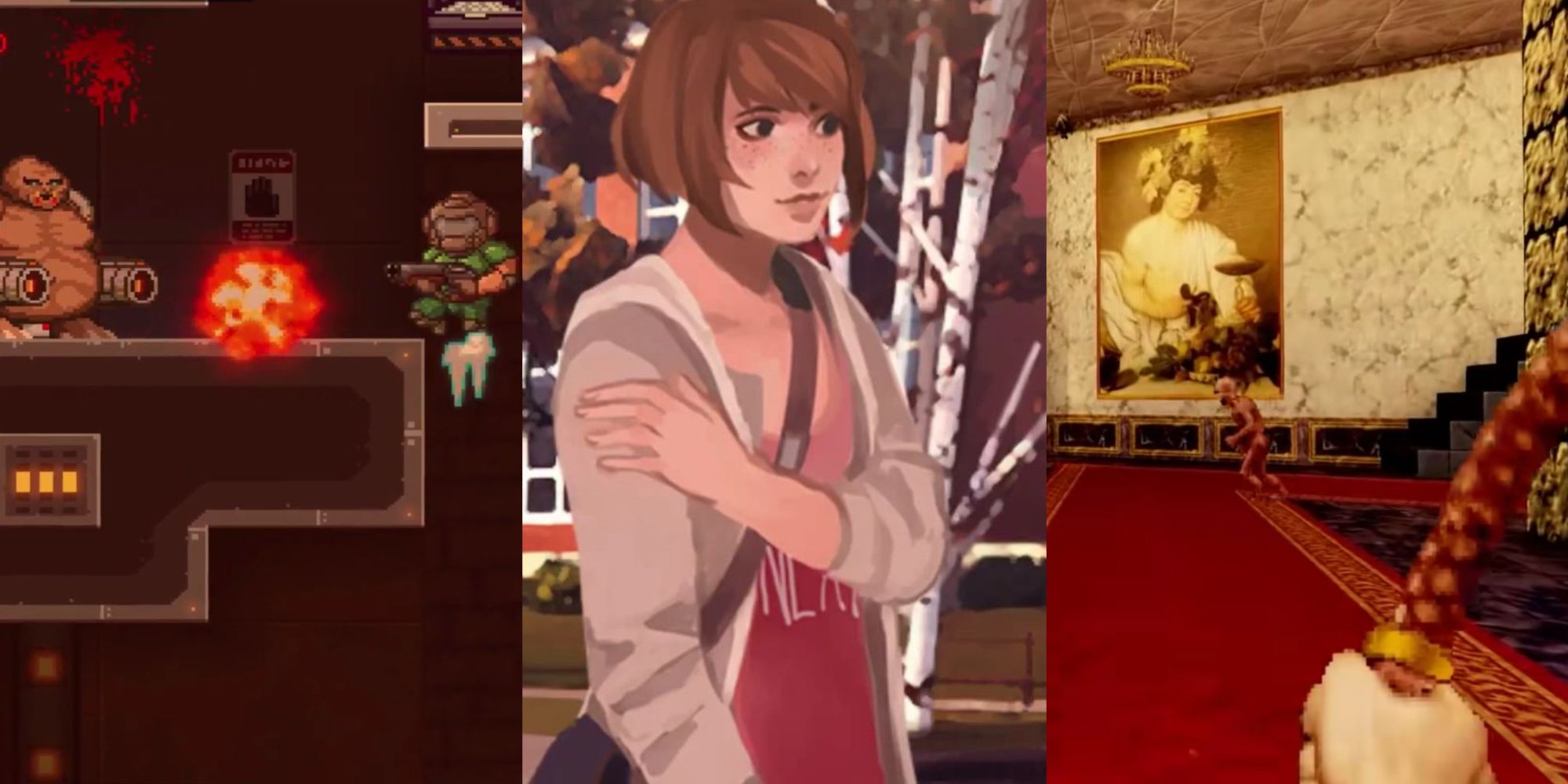 Split images of MiniDoom 2, Love is Strange, and Castlevania: Simon's Destiny fan games.