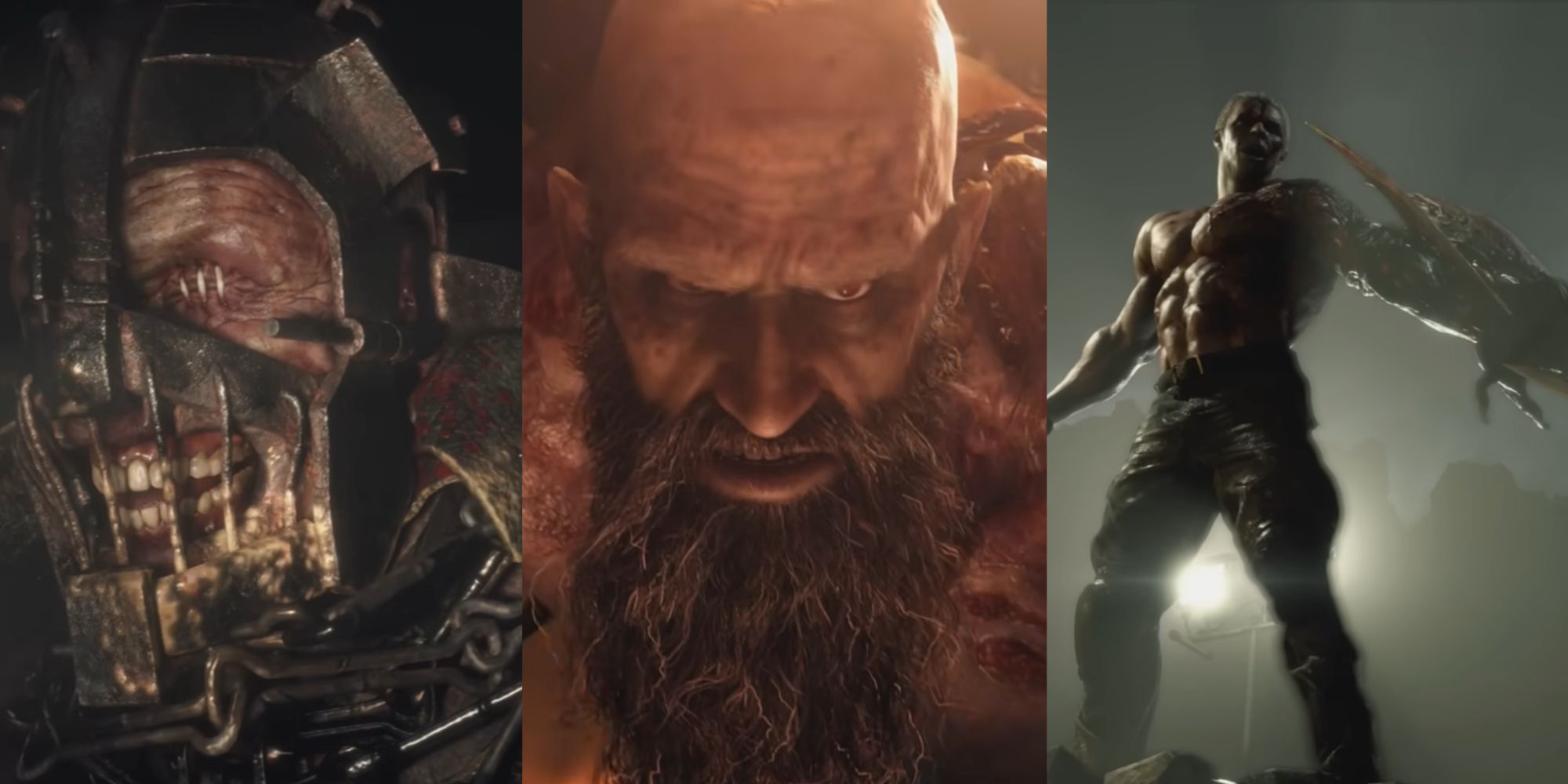 Three images from left to right: close-up of Garrador,  close-up of Mendez, Mutant Jack Krauser backlit