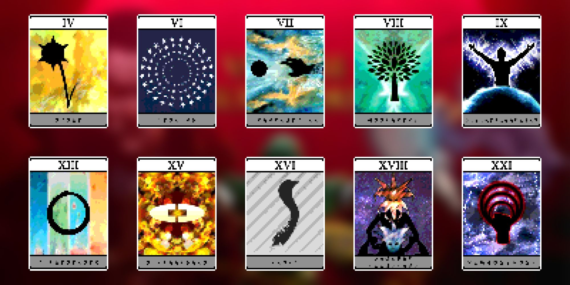 Images of ten different Arcana cards from Vampire Survivors.