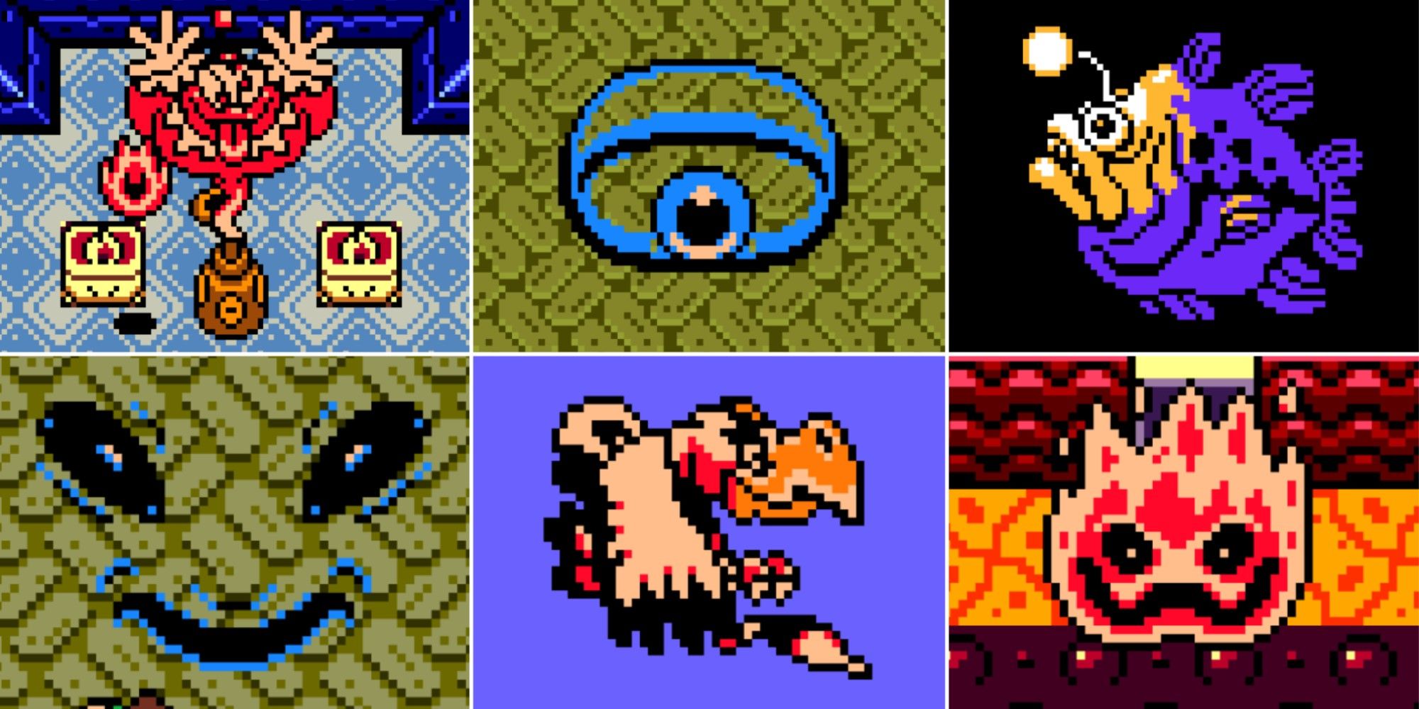 Six screenshots of different bosses in The Legend of Zelda: Link's Awakening.