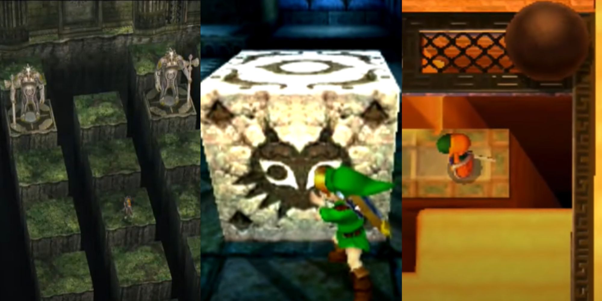 Split image screenshots of the stone guardians in Twilight Princess, Link pushing a block in Majora's Mask, and Link in the Desert Palace in A Link Between Worlds.