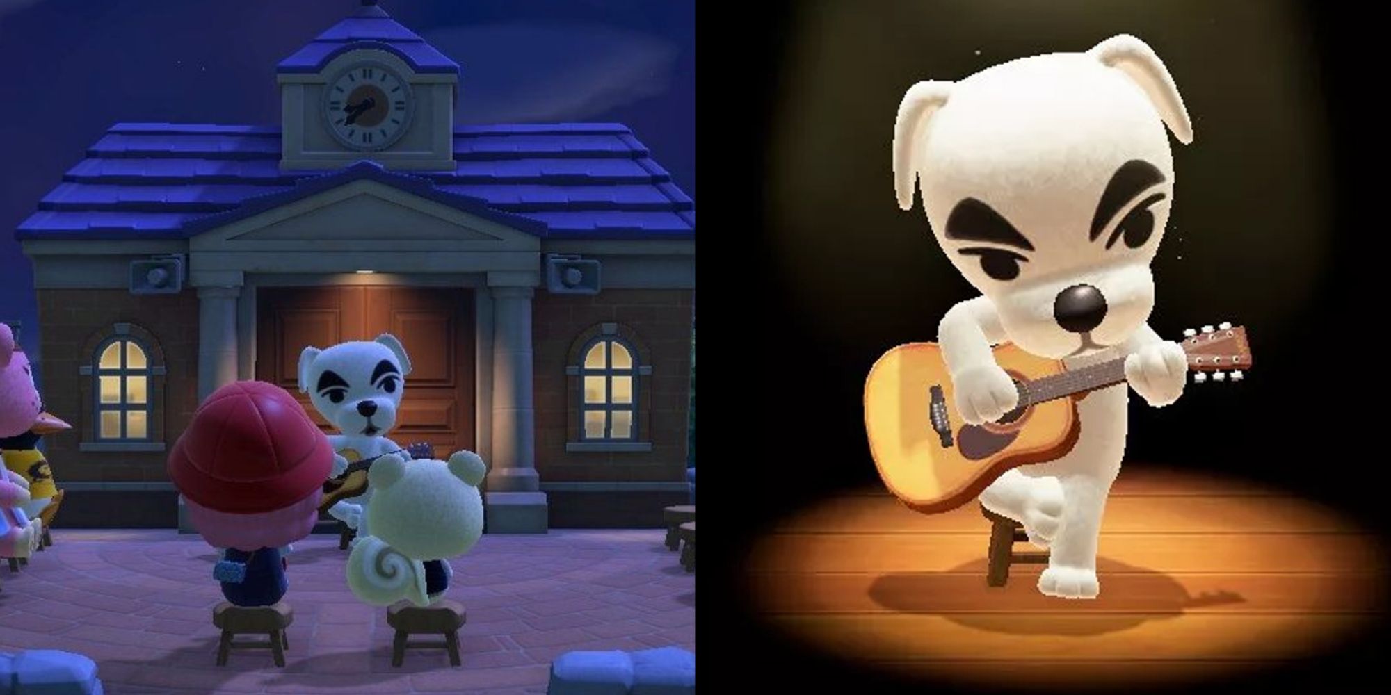 Split image screenshots of KK Slider performing on a player's island and KK under a spotlight in Animal Crossing New Horizons