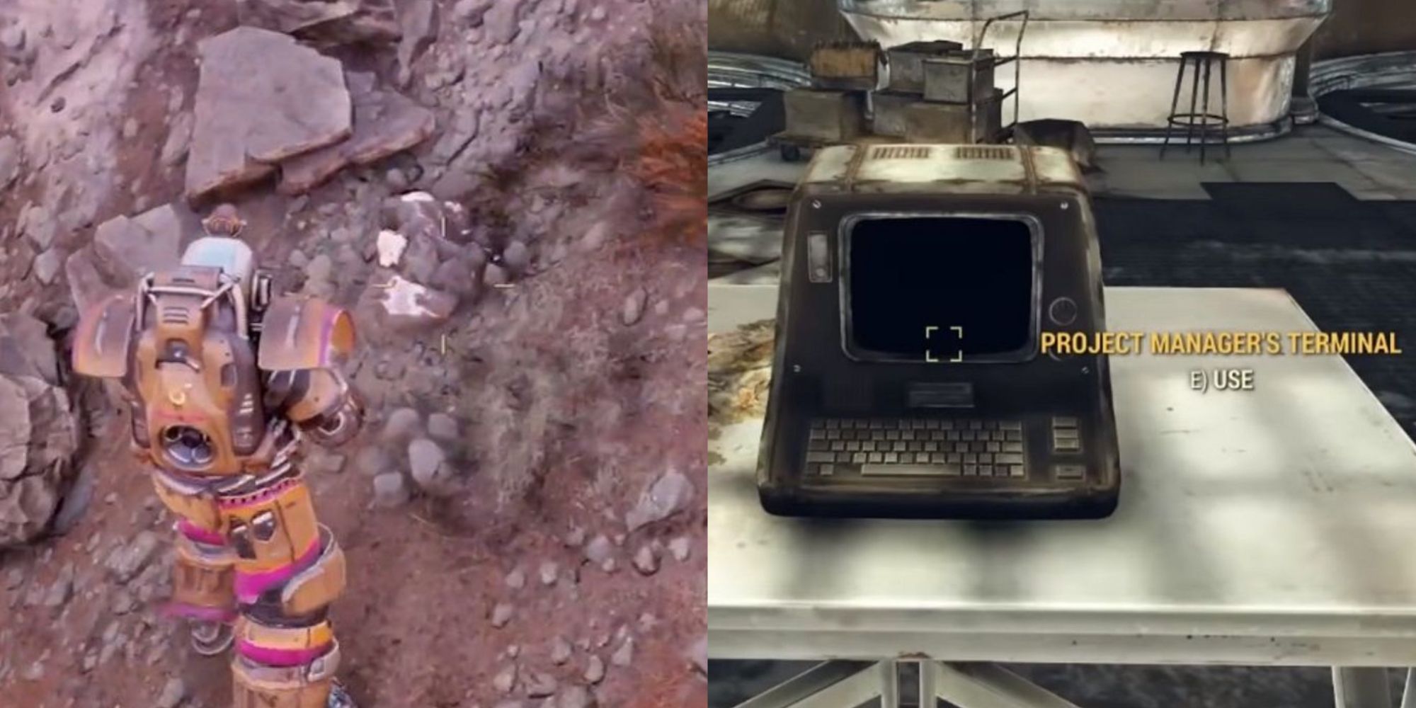 Split image screenshots of a player mining and interacting with the Project Manager's Terminal in Fallout 76.