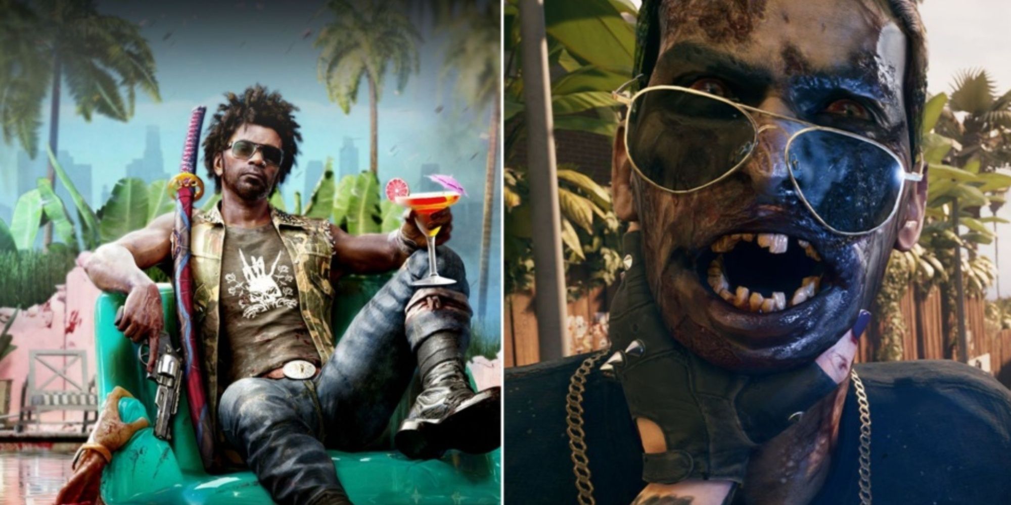 A collage showing Jacob on a pool while having a drink and the player grabbing a zombie by its neck.